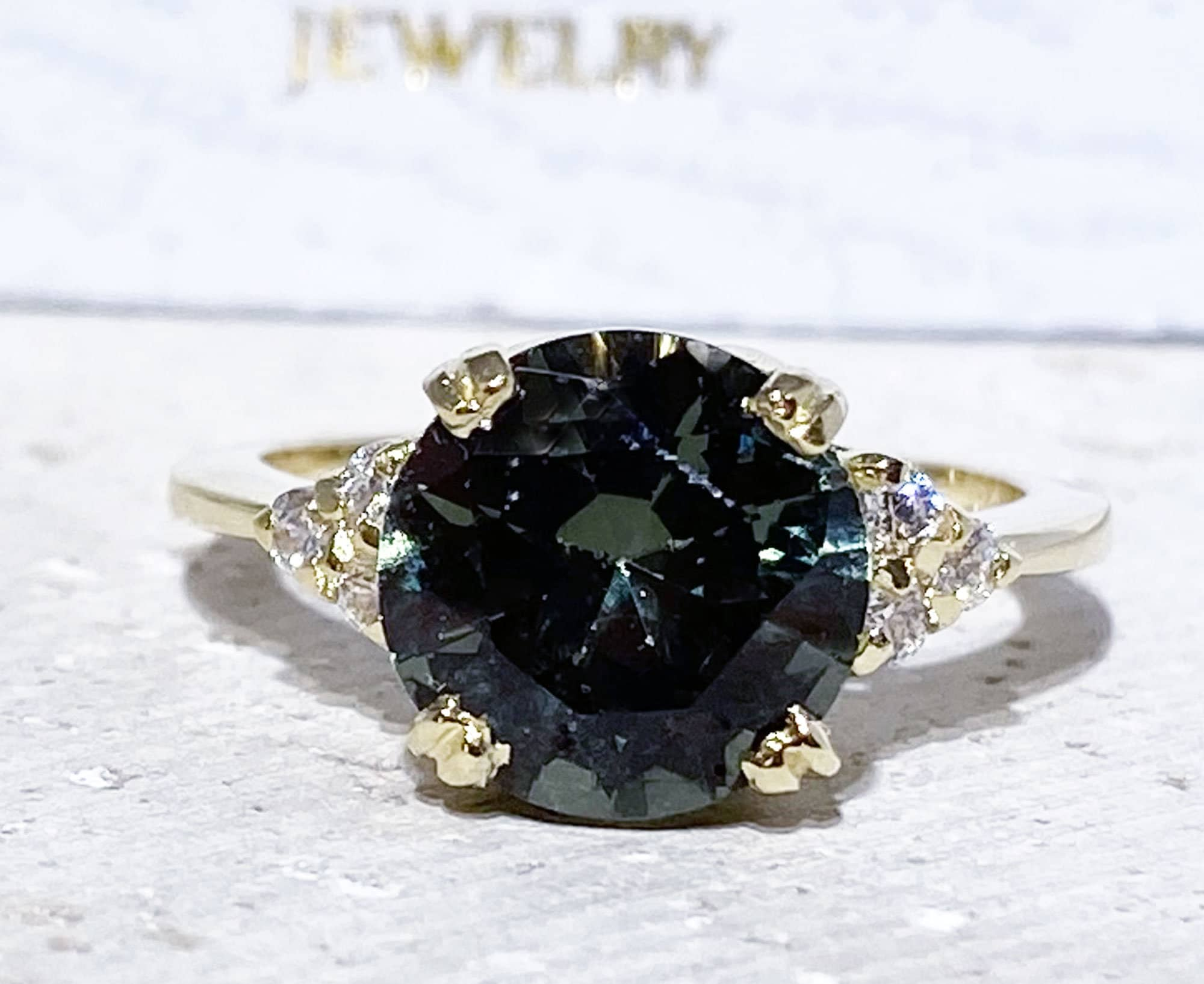 Green Tourmaline Ring - Statement Engagement Ring with Round Green Tourmaline Gemstone and Clear Quartz Accents - H.L.Jewelry