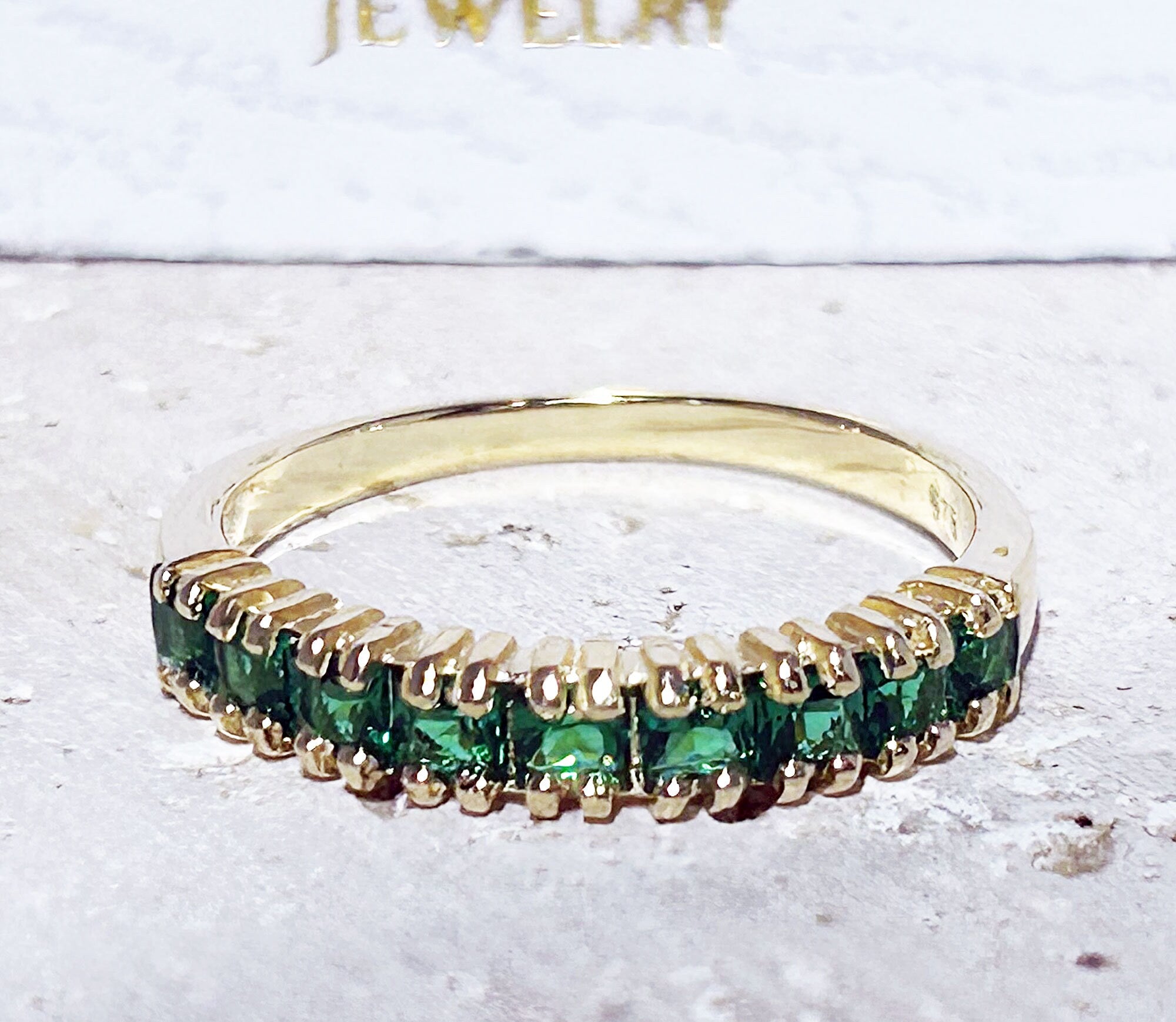 Emerald Ring - May Birthstone - Stacking Half Eternity Ring with Nine Square Emerald Gemstones - H.L.Jewelry