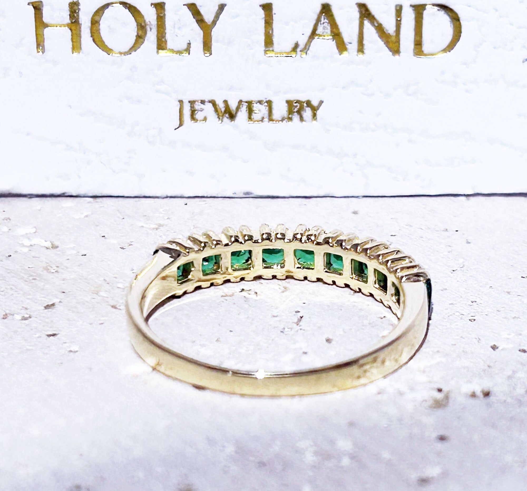 Emerald Ring - May Birthstone - Stacking Half Eternity Ring with Nine Square Emerald Gemstones - H.L.Jewelry