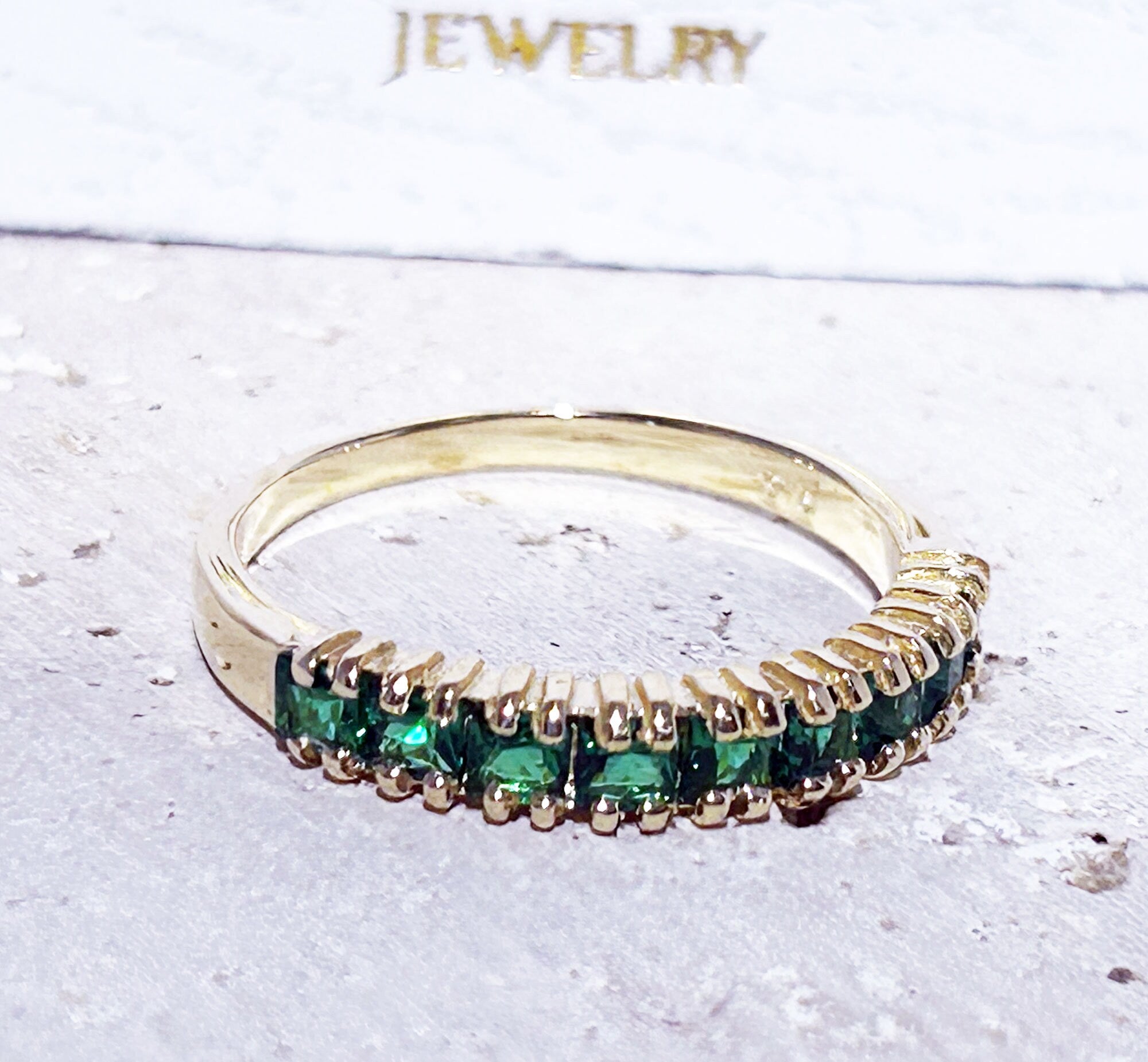 Emerald Ring - May Birthstone - Stacking Half Eternity Ring with Nine Square Emerald Gemstones - H.L.Jewelry