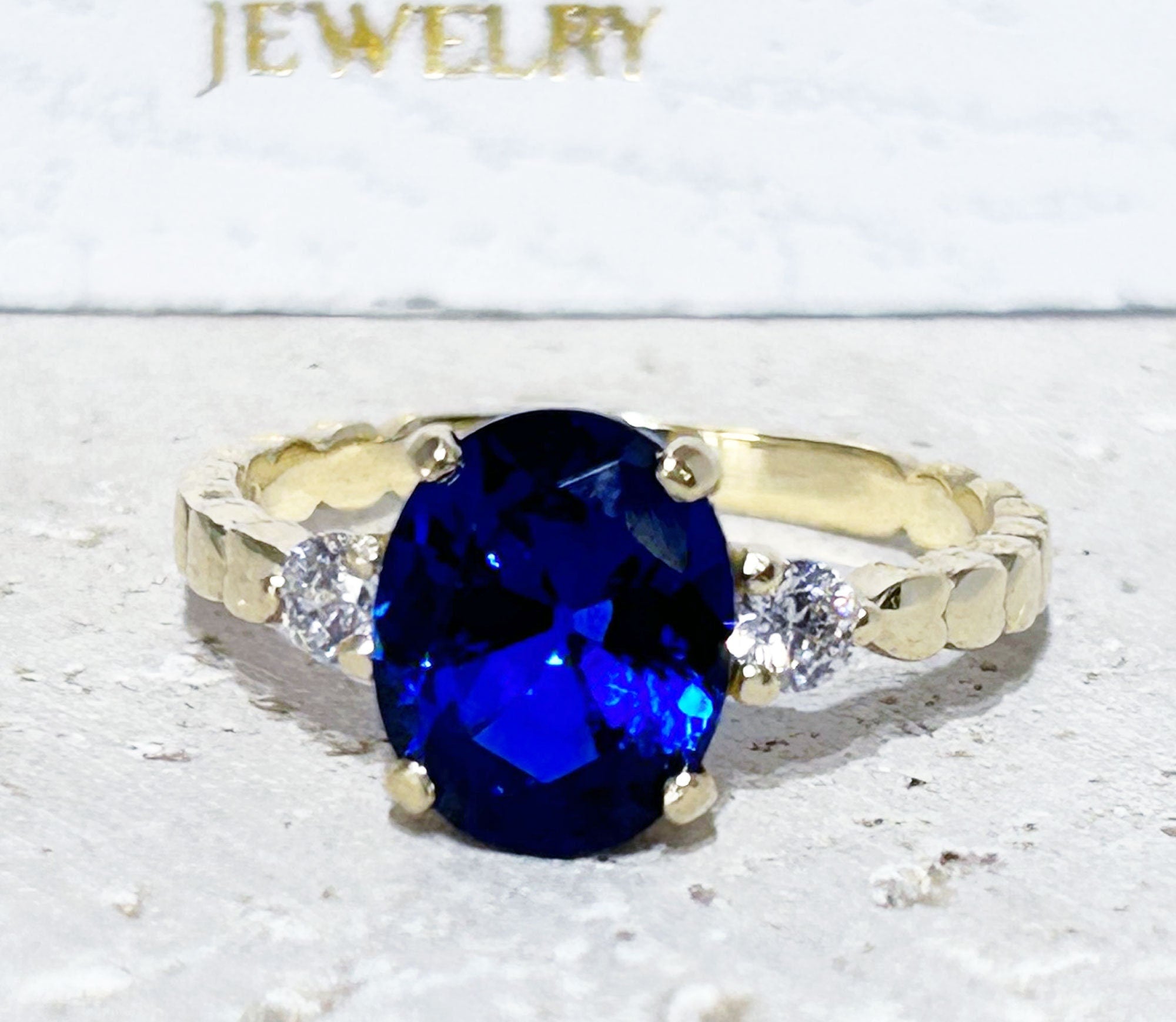 Blue Sapphire Ring - September Birthstone - Oval Blue Sapphire Gemstone Ring with Clear Quartz Accents - H.L.Jewelry