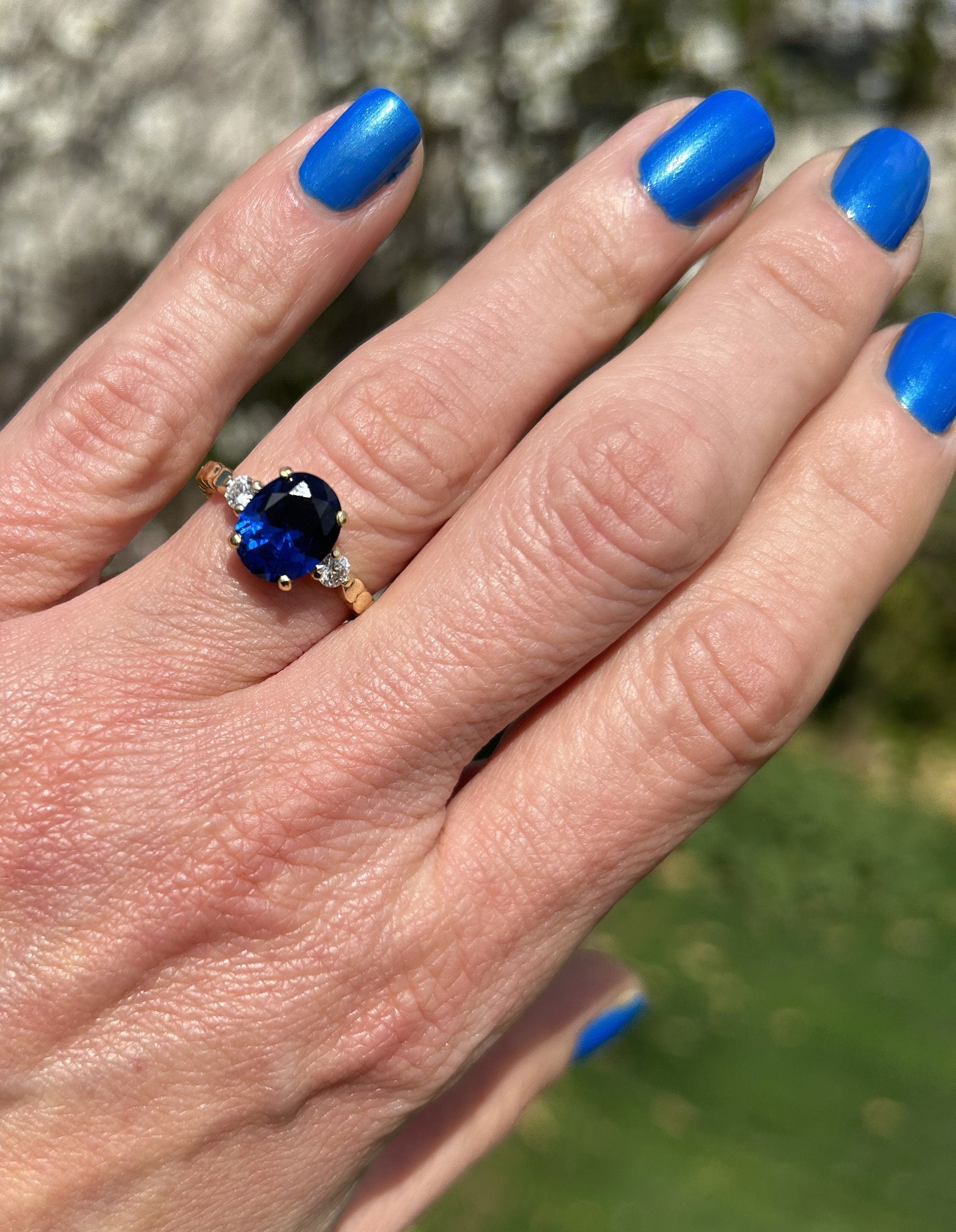 Blue Sapphire Ring - September Birthstone - Oval Blue Sapphire Gemstone Ring with Clear Quartz Accents - H.L.Jewelry