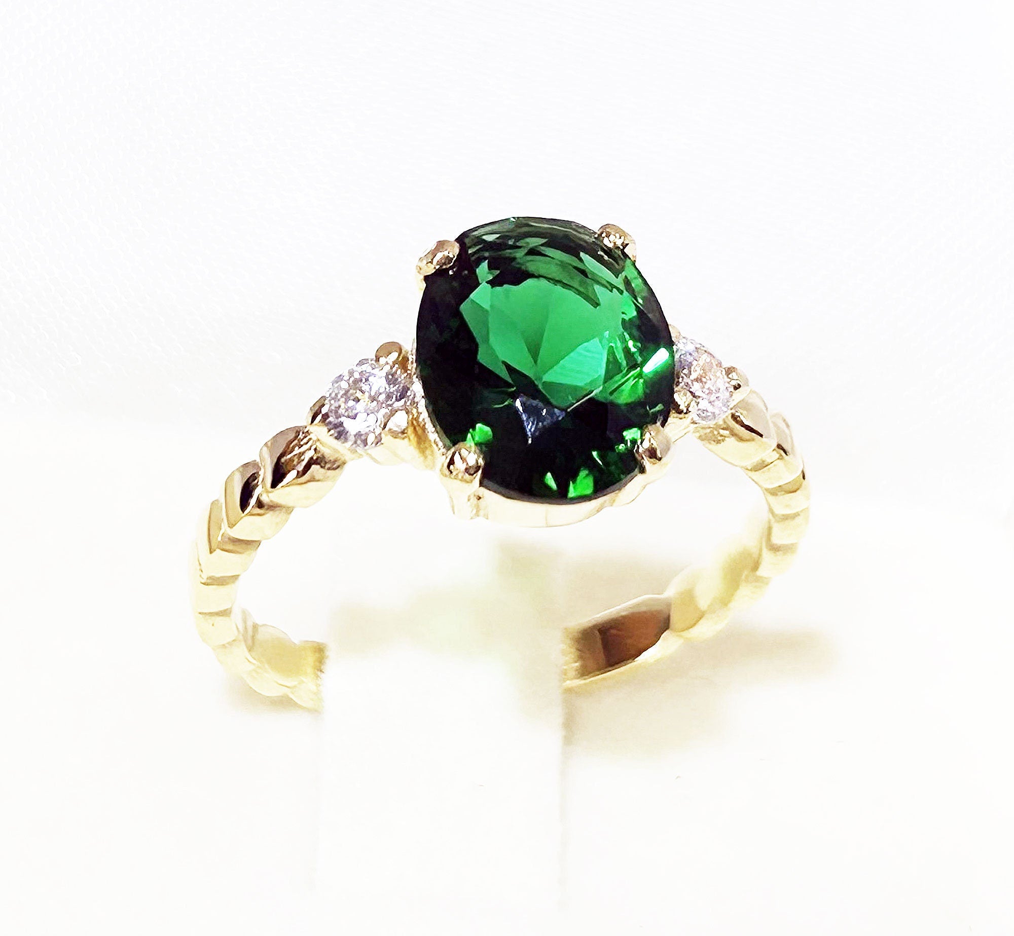 Emerald Ring - May Birthstone - Oval Emerald Gemstone Ring with Clear Quartz Accents - H.L.Jewelry