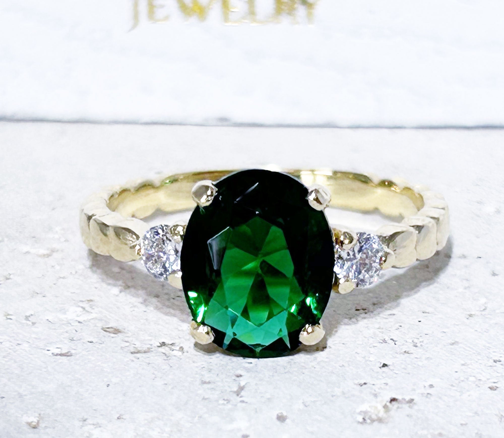 Emerald Ring - May Birthstone - Oval Emerald Gemstone Ring with Clear Quartz Accents - H.L.Jewelry