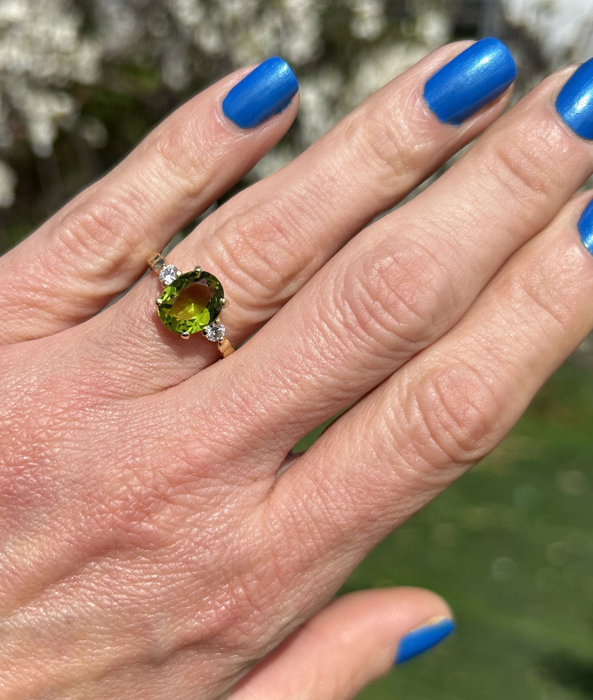 Peridot Ring - August Birthstone - Oval Peridot Gemstone Ring with Clear Quartz Accents - H.L.Jewelry