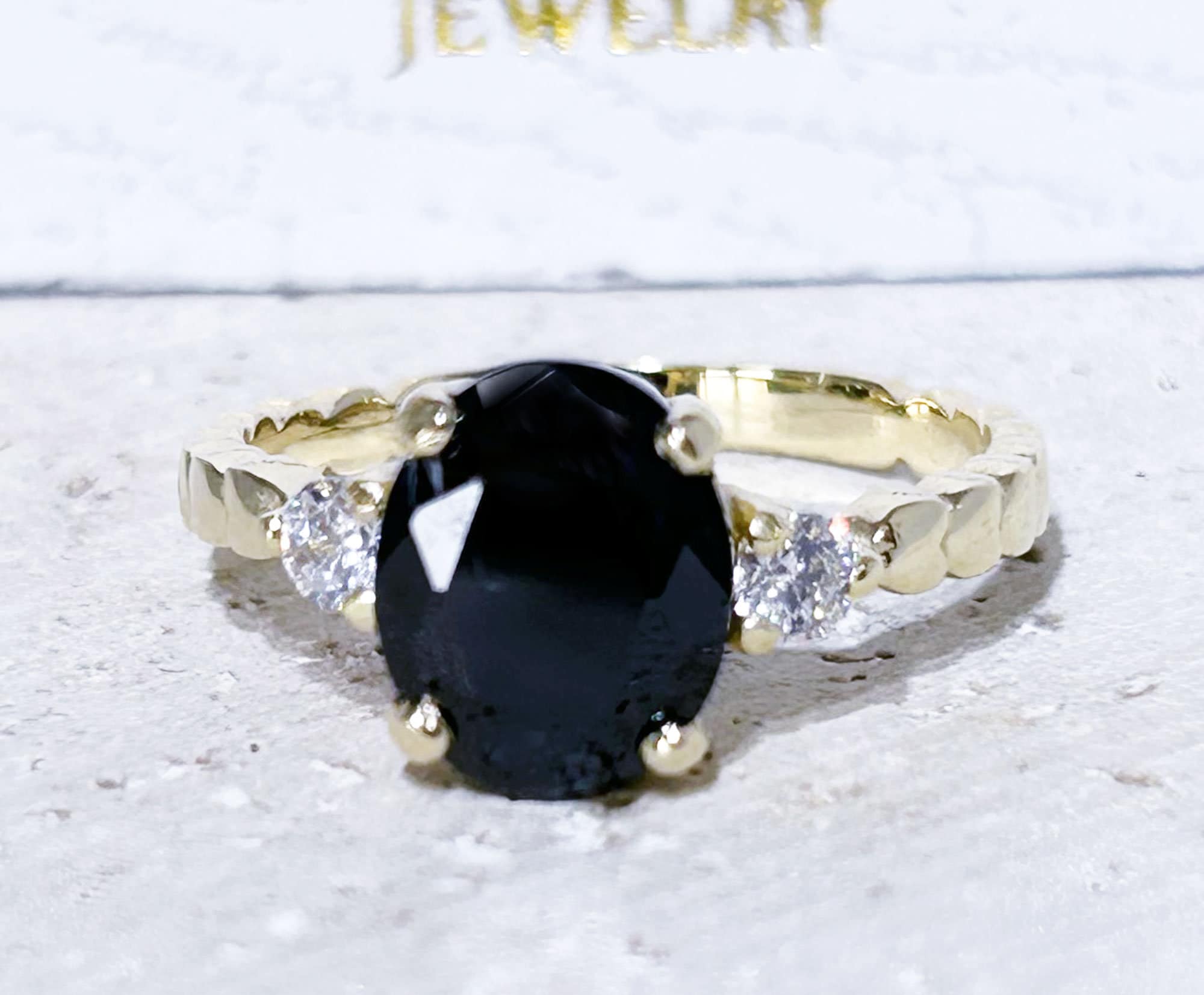 Black Onyx Ring - December Birthstone - Oval Black Onyx Gemstone Ring with Clear Quartz Accents - H.L.Jewelry