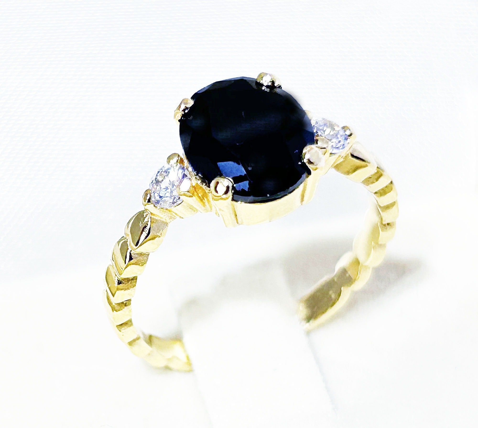 Black Onyx Ring - December Birthstone - Oval Black Onyx Gemstone Ring with Clear Quartz Accents - H.L.Jewelry