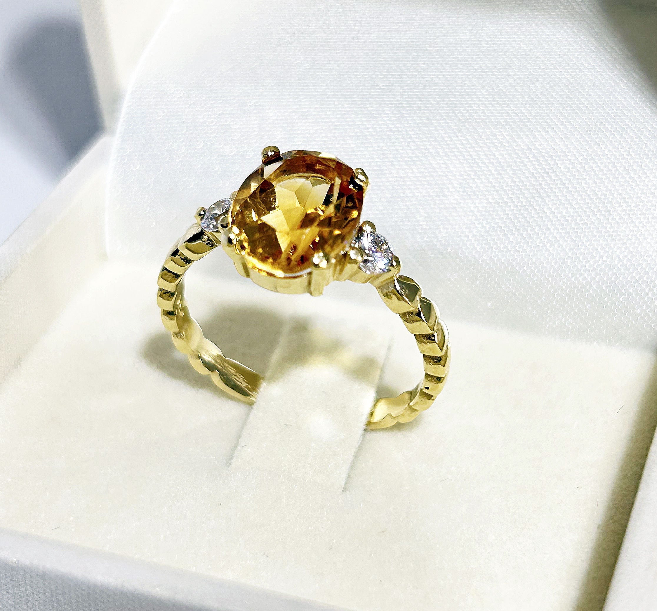 Citrine Ring - November Birthstone - Oval Citrine Gemstone Ring with Clear Quartz Accents - H.L.Jewelry