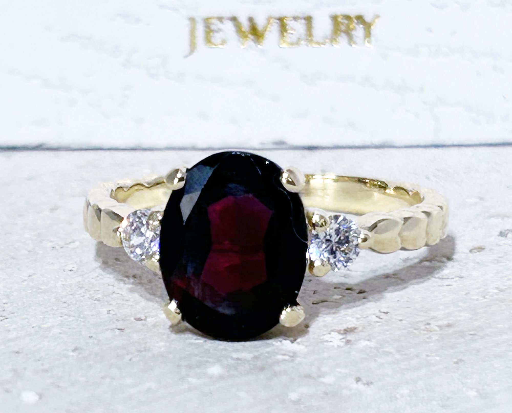 Red Garnet Ring - January Birthstone -  Oval Red Garnet Ring with Clear Quartz Accents - H.L.Jewelry