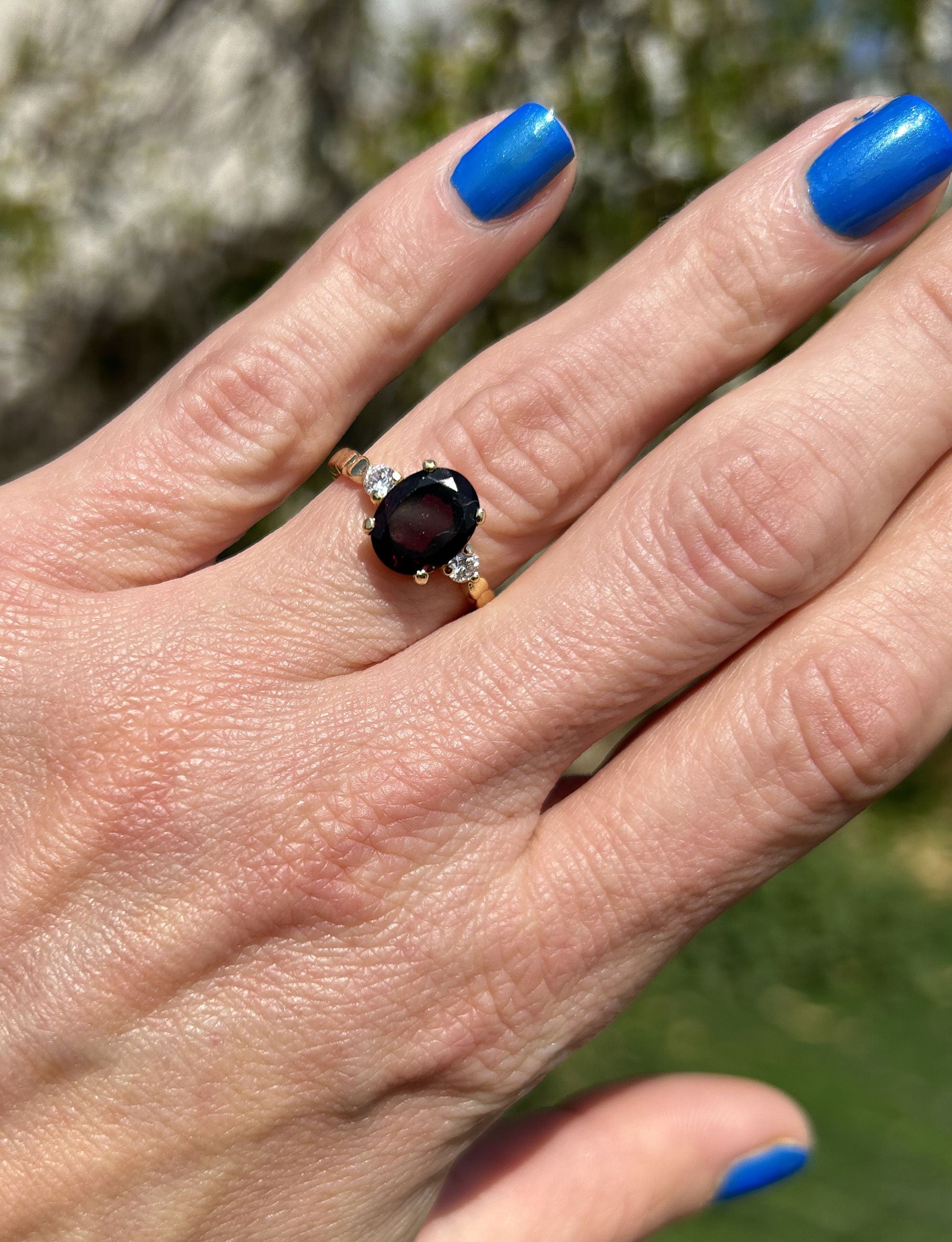 Red Garnet Ring - January Birthstone -  Oval Red Garnet Ring with Clear Quartz Accents - H.L.Jewelry