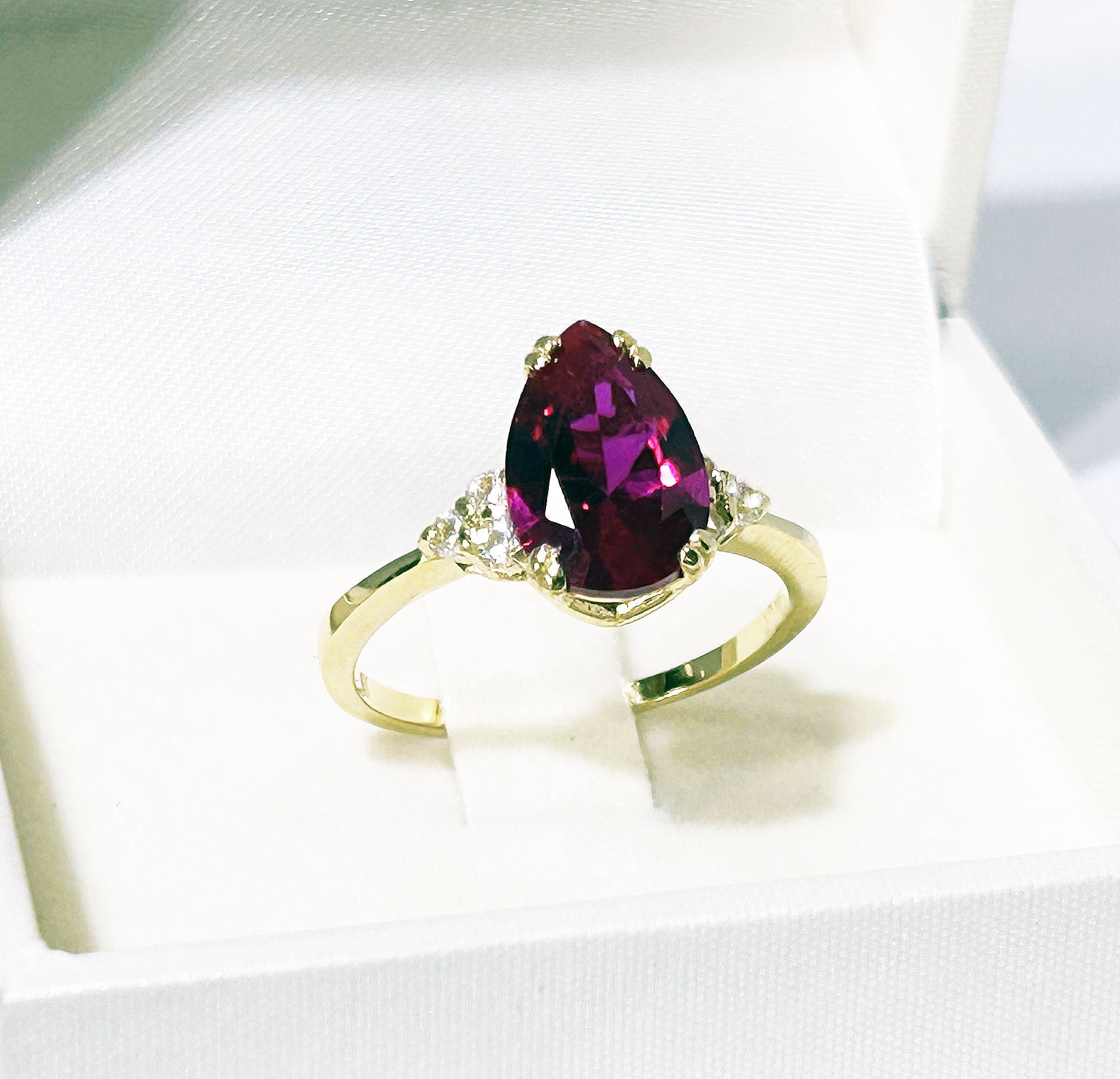 Ruby Ring - July Birthstone - Pear-Shaped Ruby Gemstone Statement Engagement Ring with Clear Quartz Accents - H.L.Jewelry