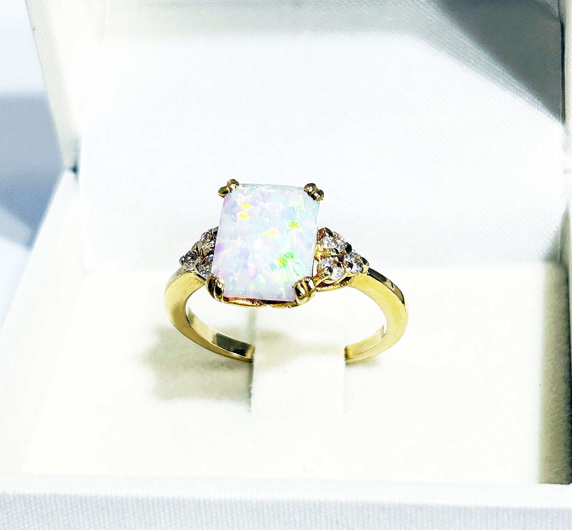 White Opal Ring - Octagon White Opal Gemstone Statement Engagement Ring with Clear Quartz Accents - H.L.Jewelry