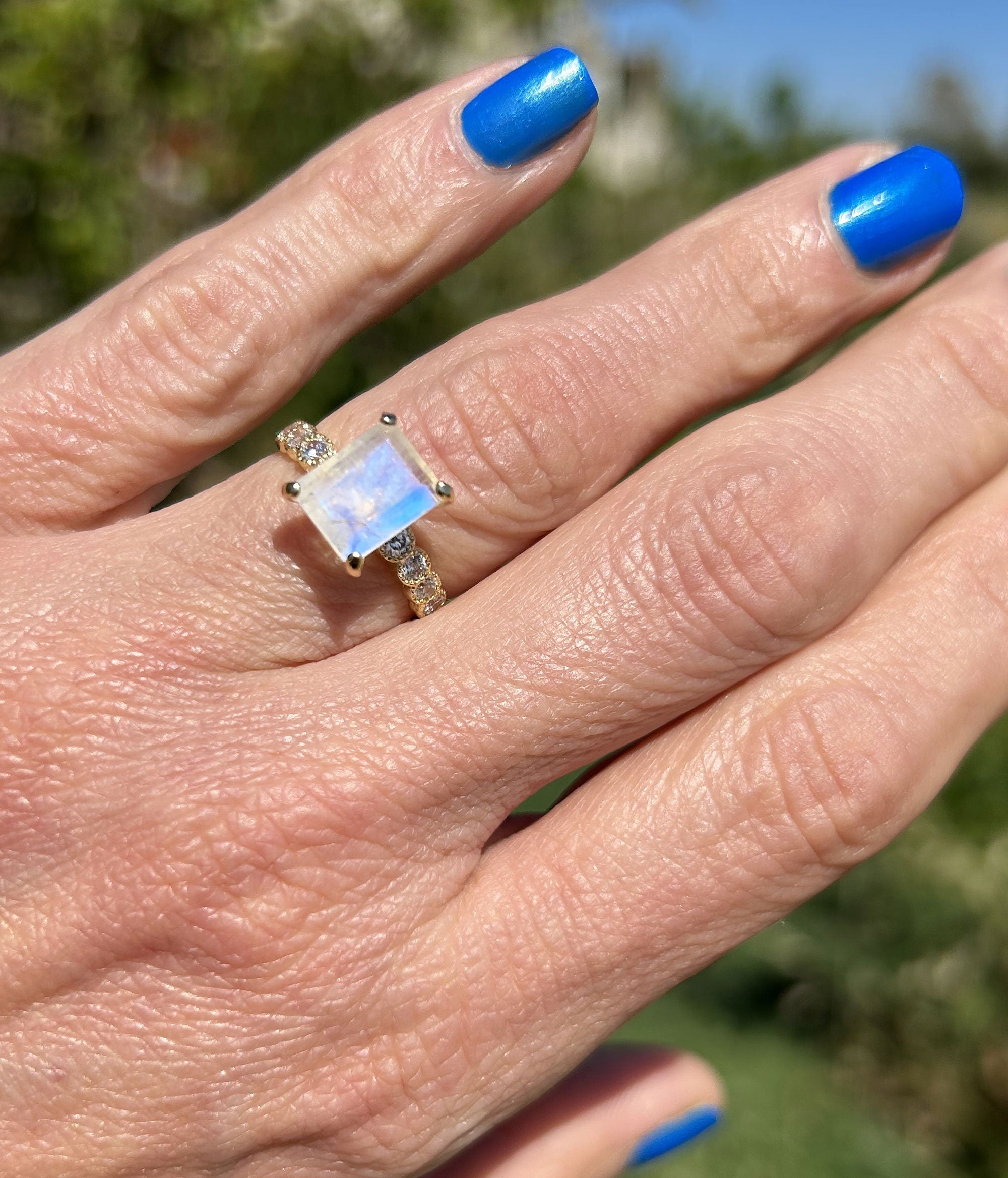 Rainbow Moonstone Ring - June Birthstone - Octagon Rainbow Moonstone Statement Engagement Ring with Clear Quartz Accents - H.L.Jewelry