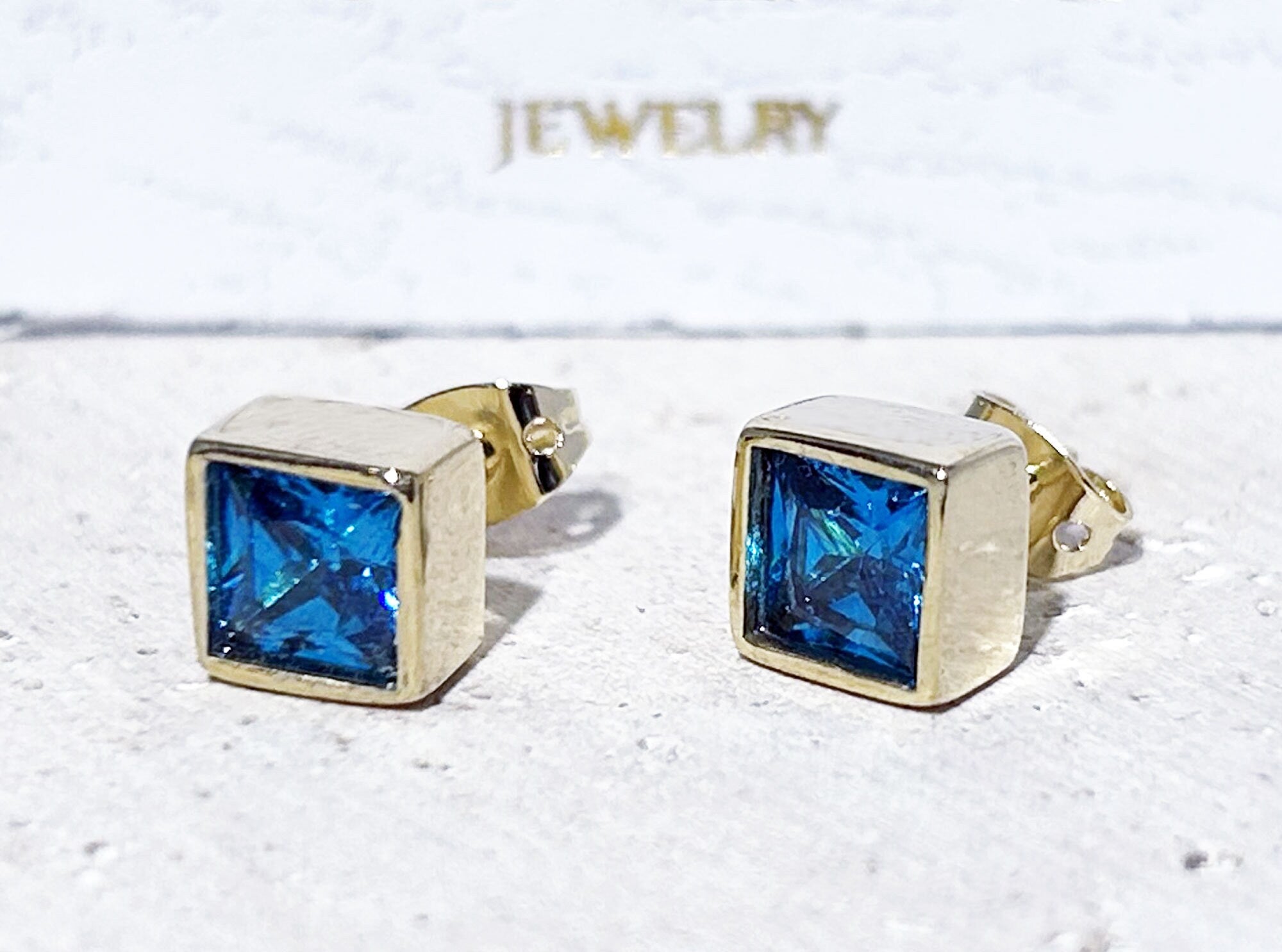 Blue Topaz Earrings - December Birthstone Jewelry - Blue Topaz Gemstone Simple Square Stud Earrings - H.L.Jewelry