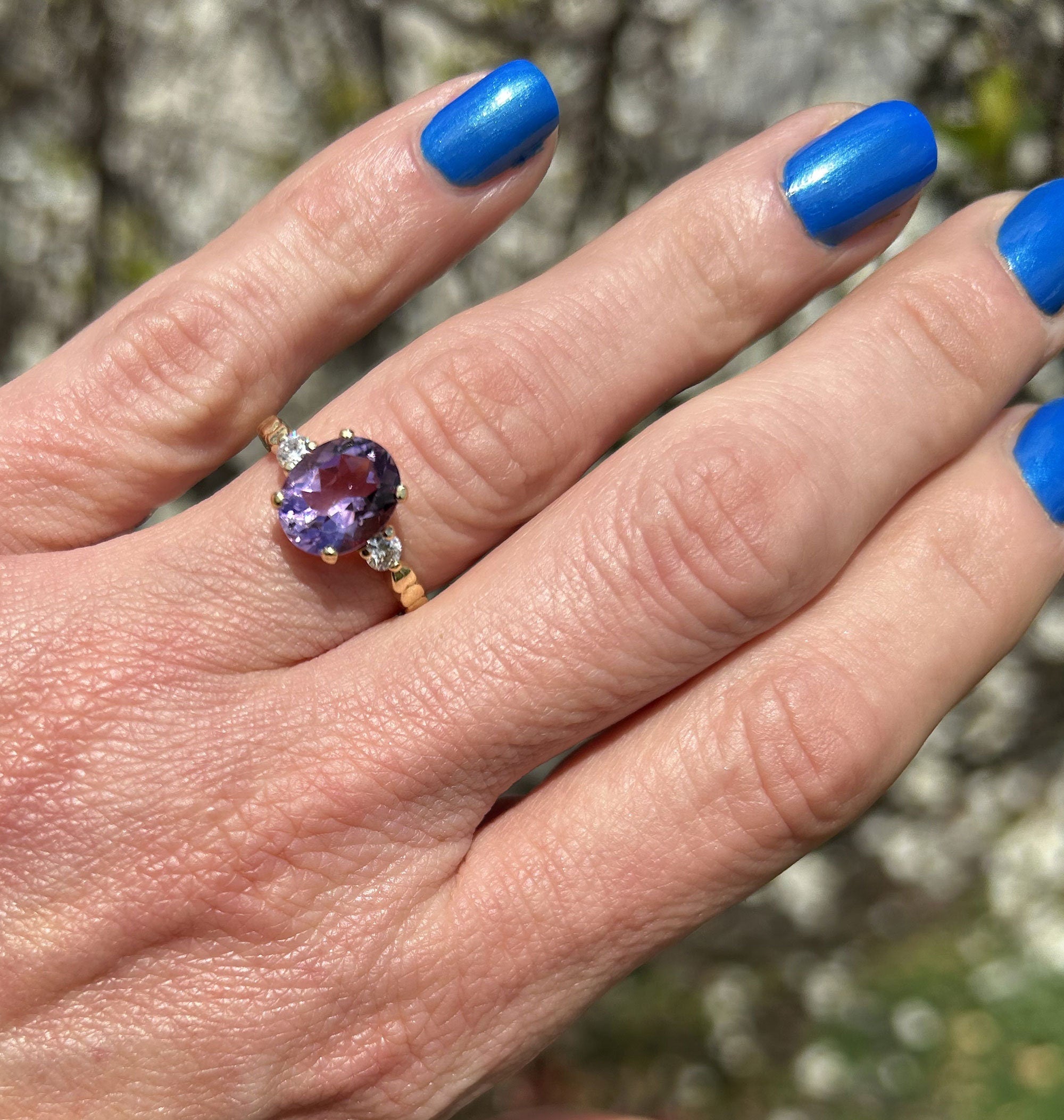 Amethyst Ring - February Birthstone - Oval Amethyst Ring with Clear Quartz Accents - H.L.Jewelry