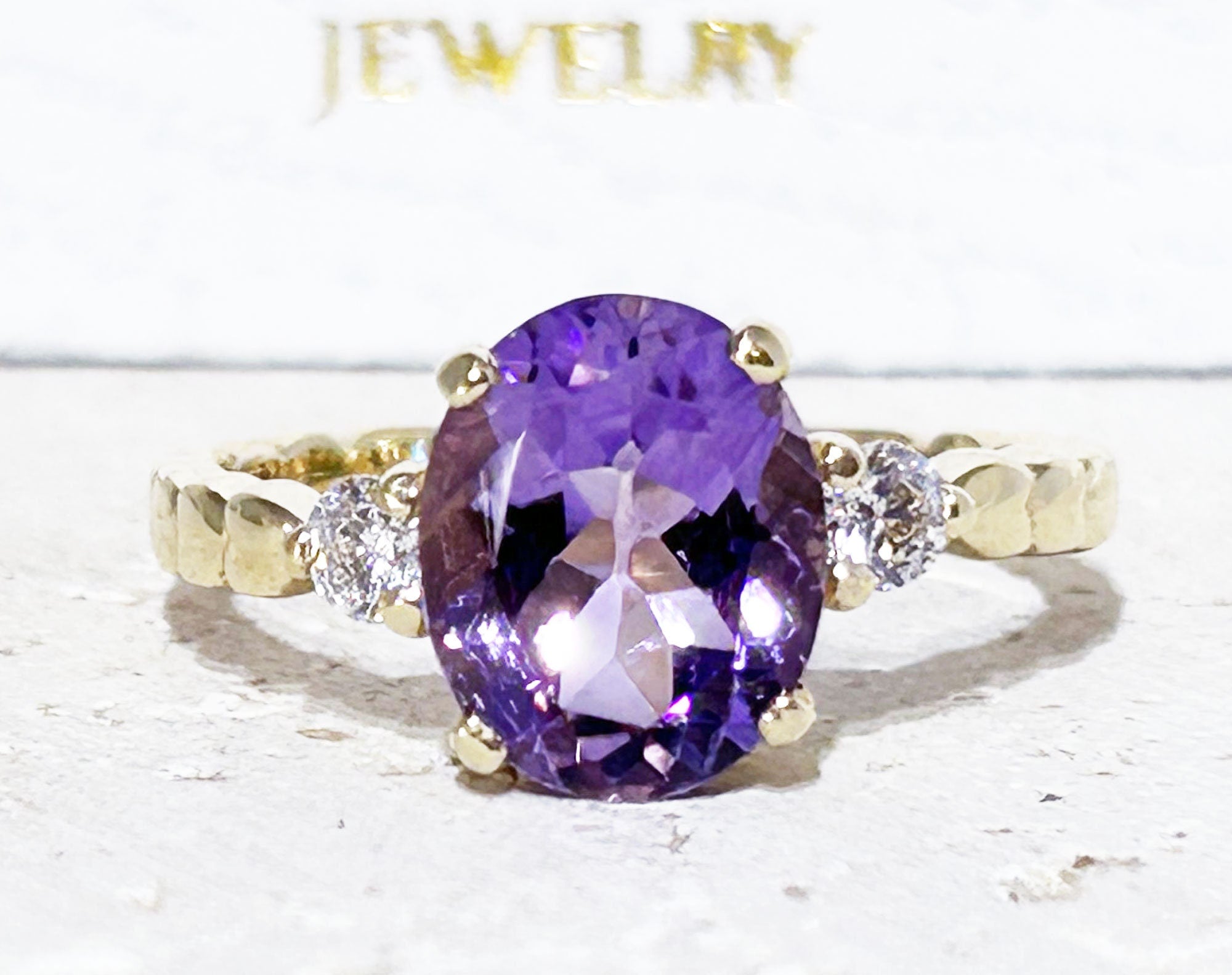 Amethyst Ring - February Birthstone - Oval Amethyst Ring with Clear Quartz Accents - H.L.Jewelry