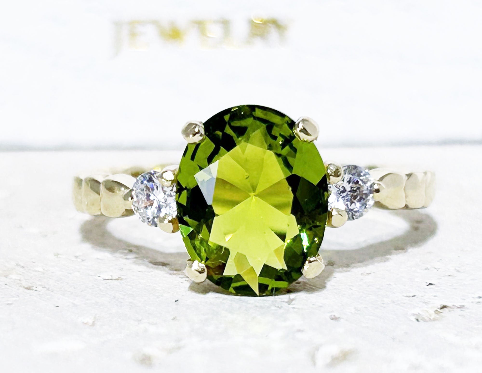 Peridot Ring - August Birthstone - Oval Peridot Gemstone Ring with Clear Quartz Accents - H.L.Jewelry