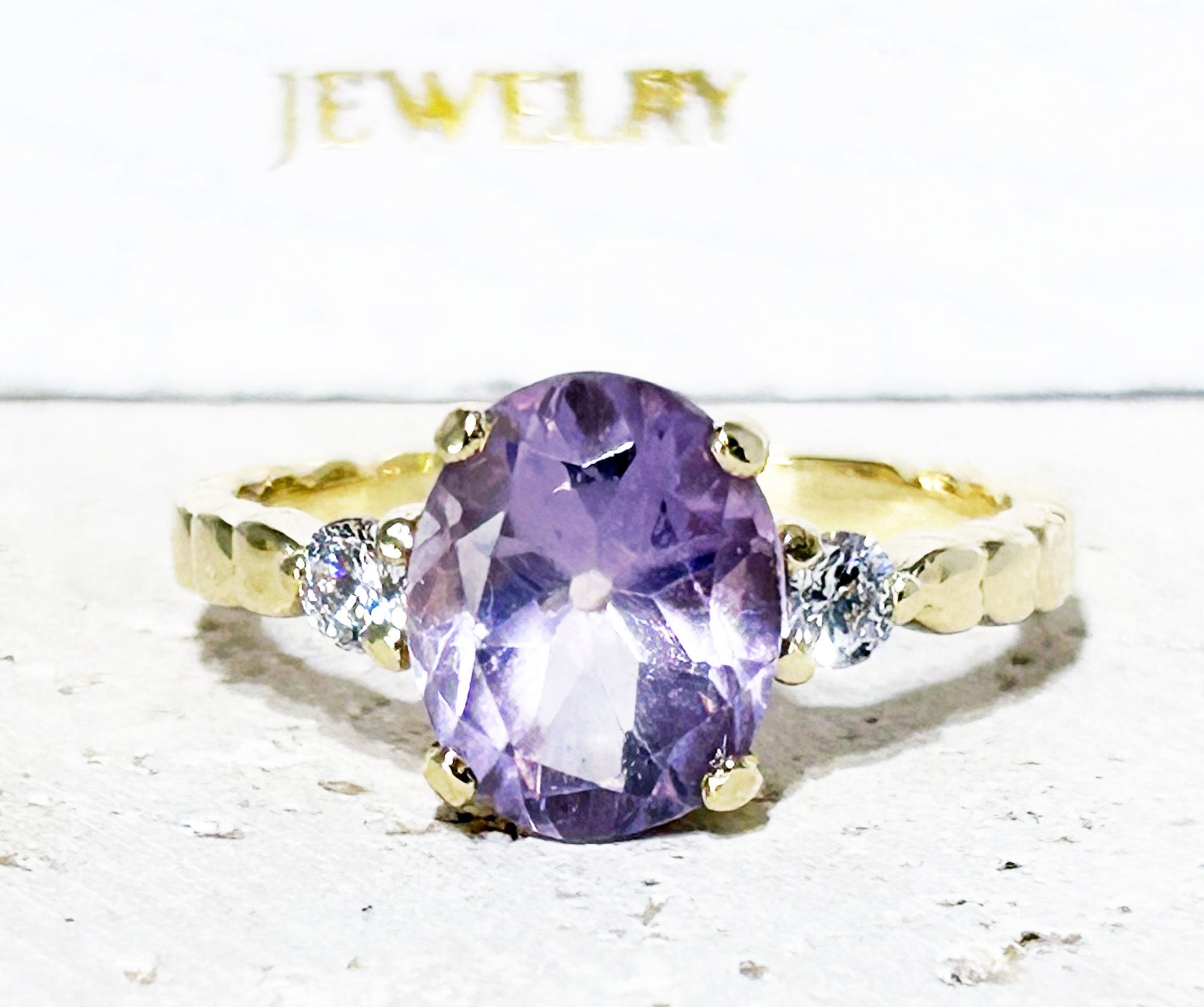 Lavender Amethyst Ring - Oval Lavender Amethyst Gemstone Ring with Clear Quartz Accents - H.L.Jewelry