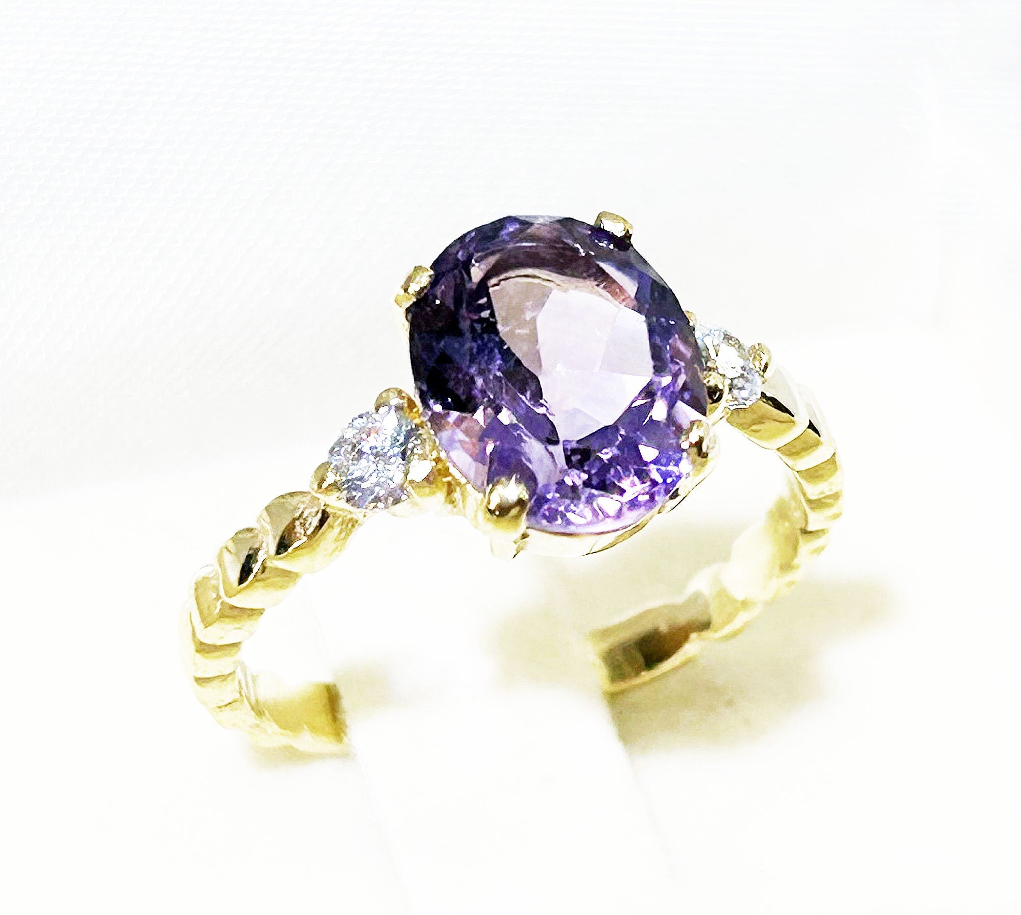 Amethyst Ring - February Birthstone - Oval Amethyst Ring with Clear Quartz Accents - H.L.Jewelry