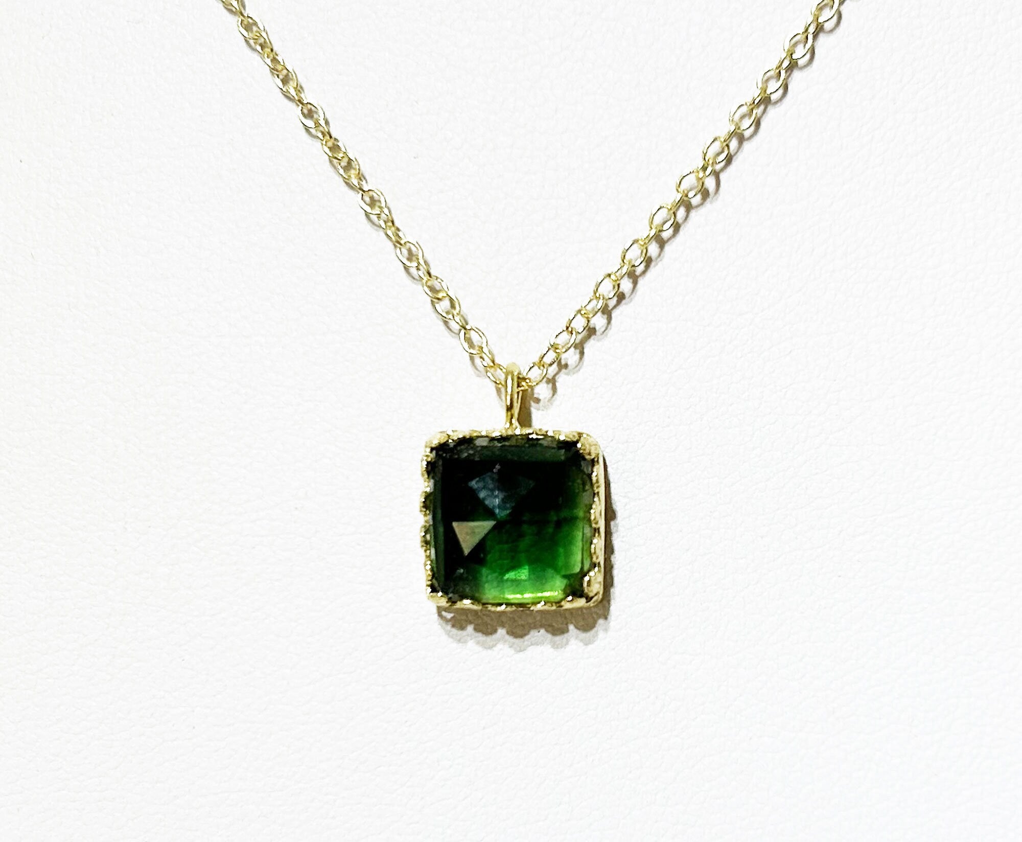 Green Tourmaline Necklace - Square Green Tourmaline Necklace on Delicate Chain - H.L.Jewelry