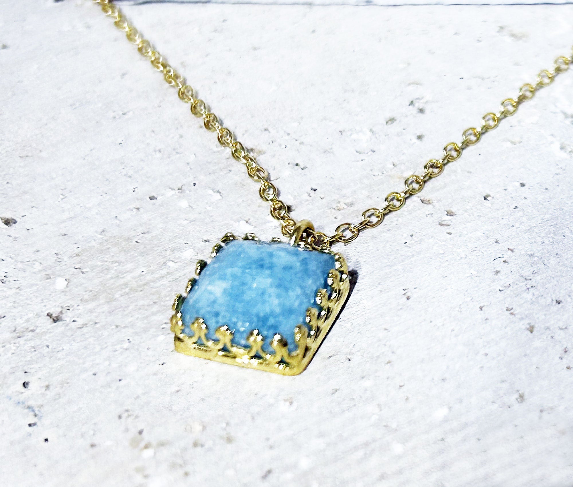 Aquamarine Necklace - March Birthstone - Square Aquamarine Madagascar Necklace on Delicate Chain - H.L.Jewelry