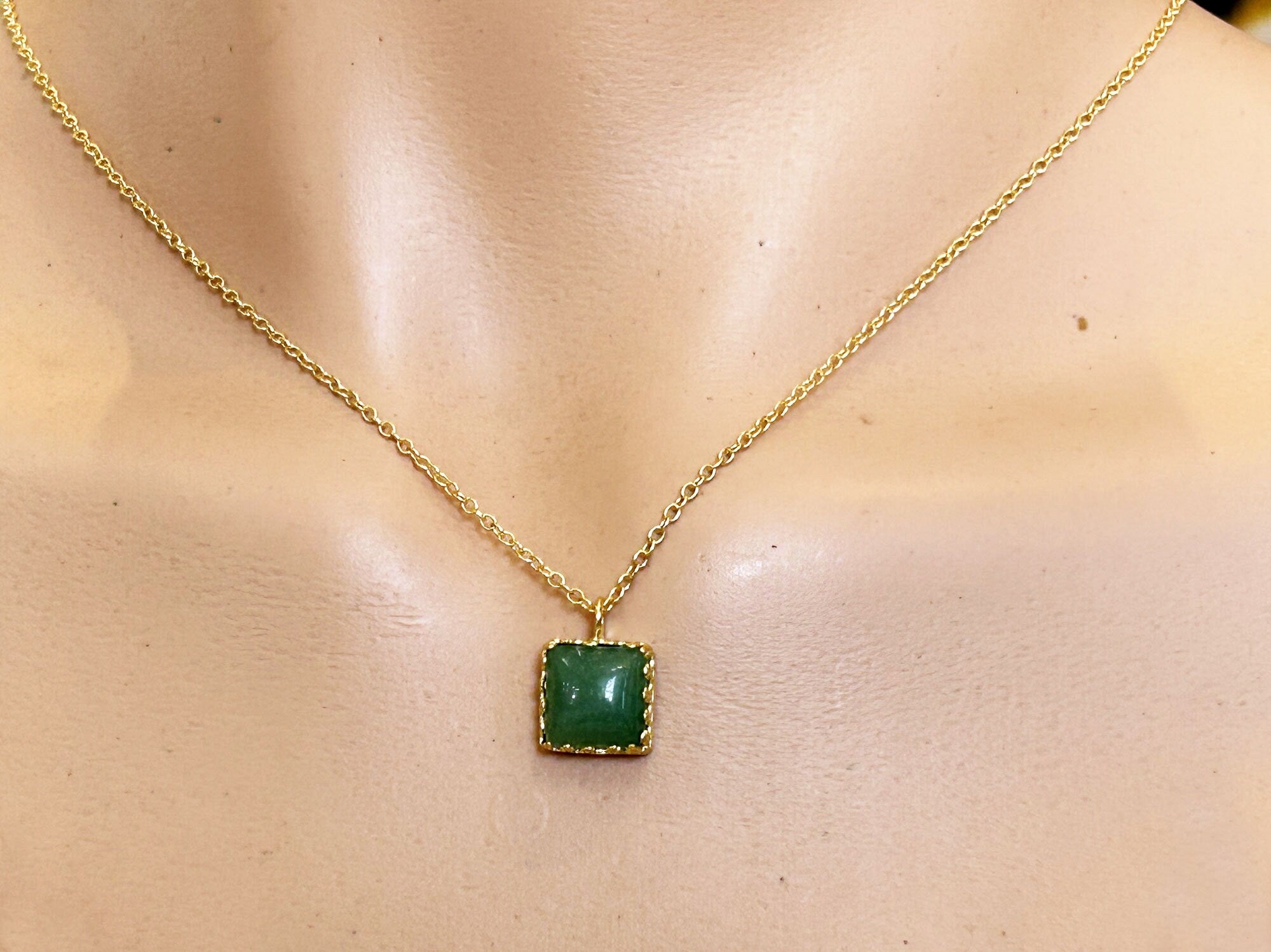 Green Agate Necklace - Square Green Agate Necklace on Delicate Chain - H.L.Jewelry