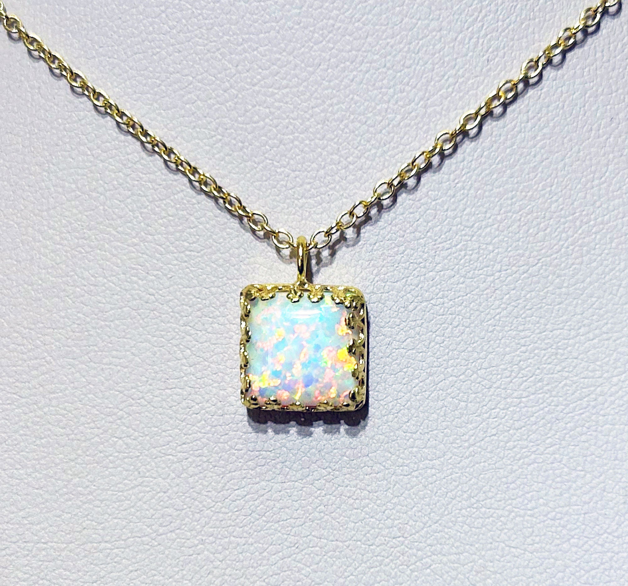 White Opal Necklace - Square White Opal Gemstone Necklace on Delicate Chain - H.L.Jewelry