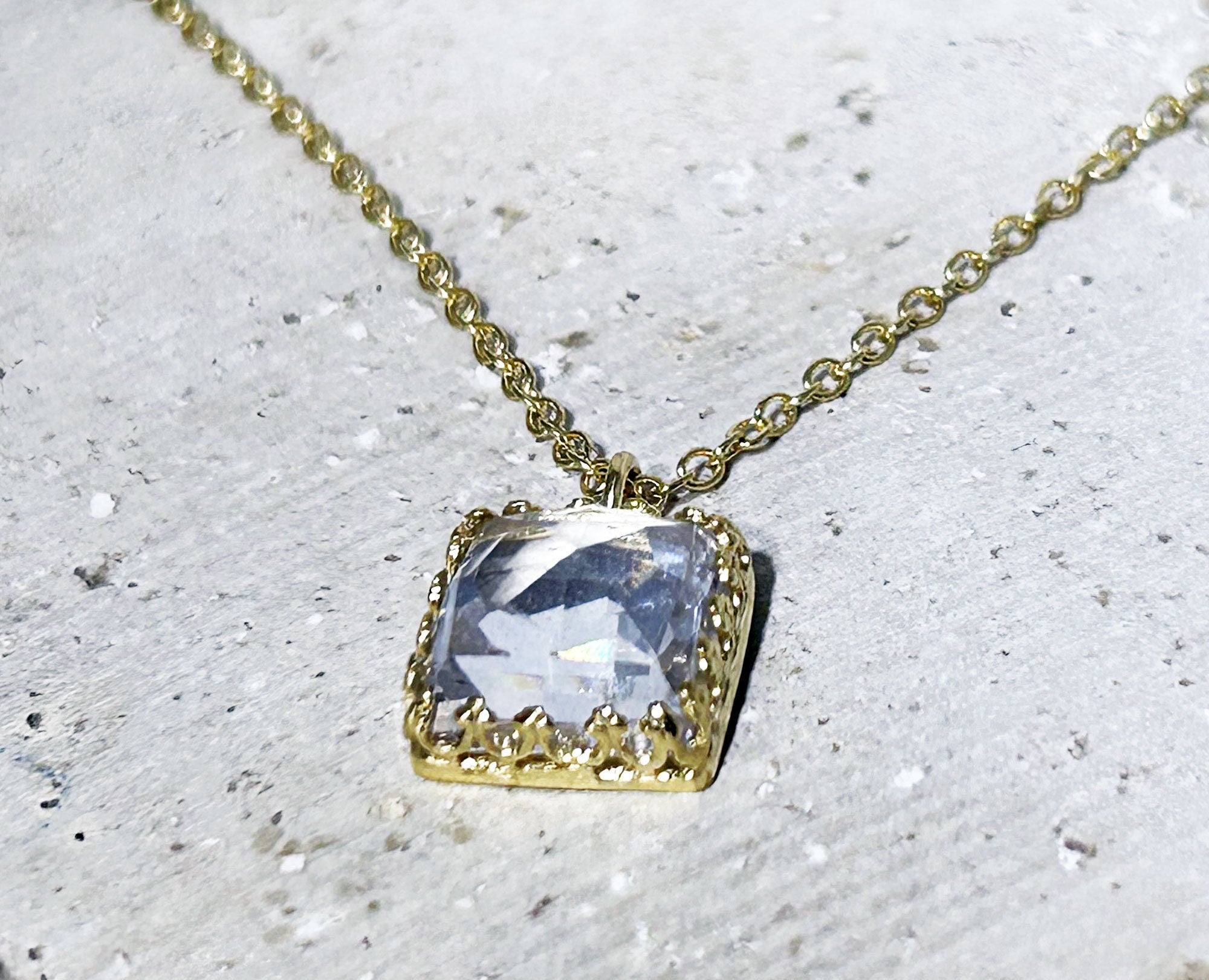 Clear Quartz Necklace - April Birthstone - Square Clear Quartz Gemstone Necklace on Delicate Chain - H.L.Jewelry