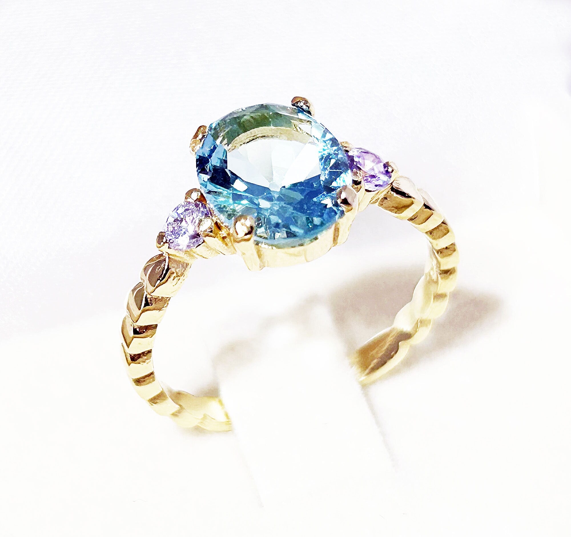 Aquamarine Ring - March Birthstone - Oval Aquamarine Ring and Clear Quartz Accents - H.L.Jewelry