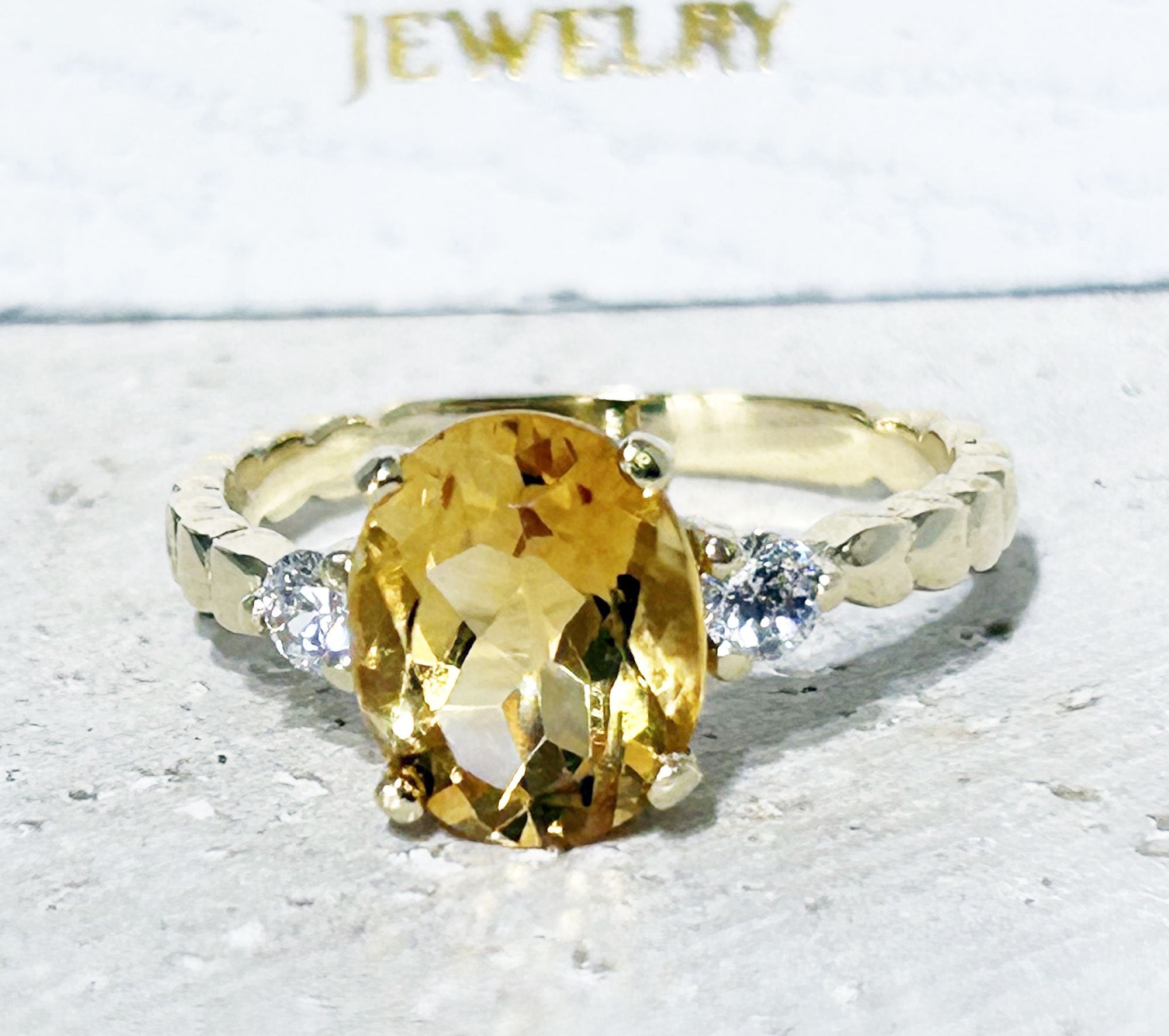 Citrine Ring - November Birthstone - Oval Citrine Gemstone Ring with Clear Quartz Accents - H.L.Jewelry