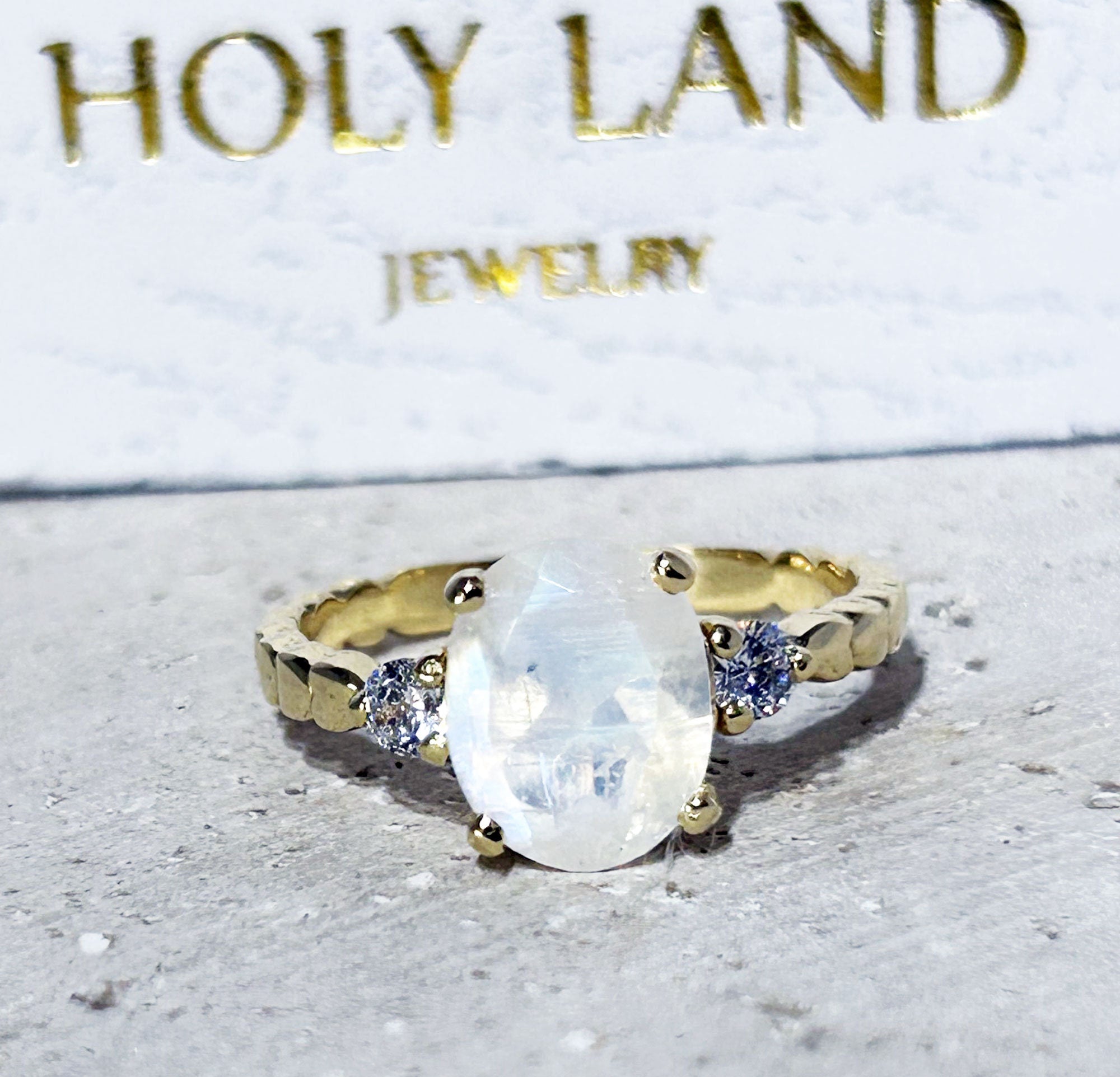 Rainbow Moonstone Ring - June Birthstone - Oval Rainbow Moonstone Ring with Clear Quartz Accents - H.L.Jewelry