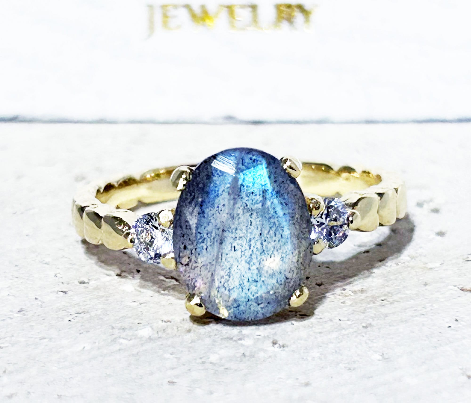 Labradorite Ring - Oval Labradorite Gemstone Ring with Clear Quartz Accents - H.L.Jewelry