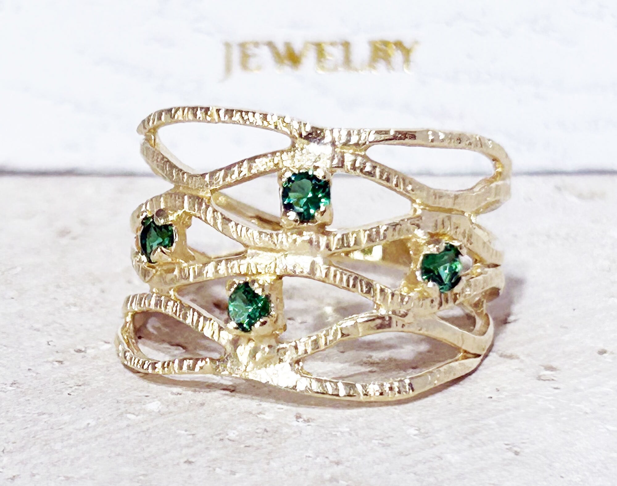 Emerald Ring - May Birthstone - Hammered Ring with Four Round Emerald Gemstones - H.L.Jewelry