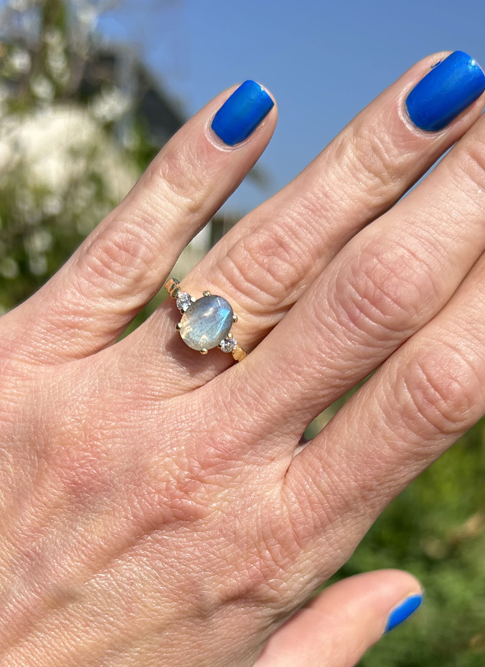 Labradorite Ring - Oval Labradorite Gemstone Ring with Clear Quartz Accents - H.L.Jewelry