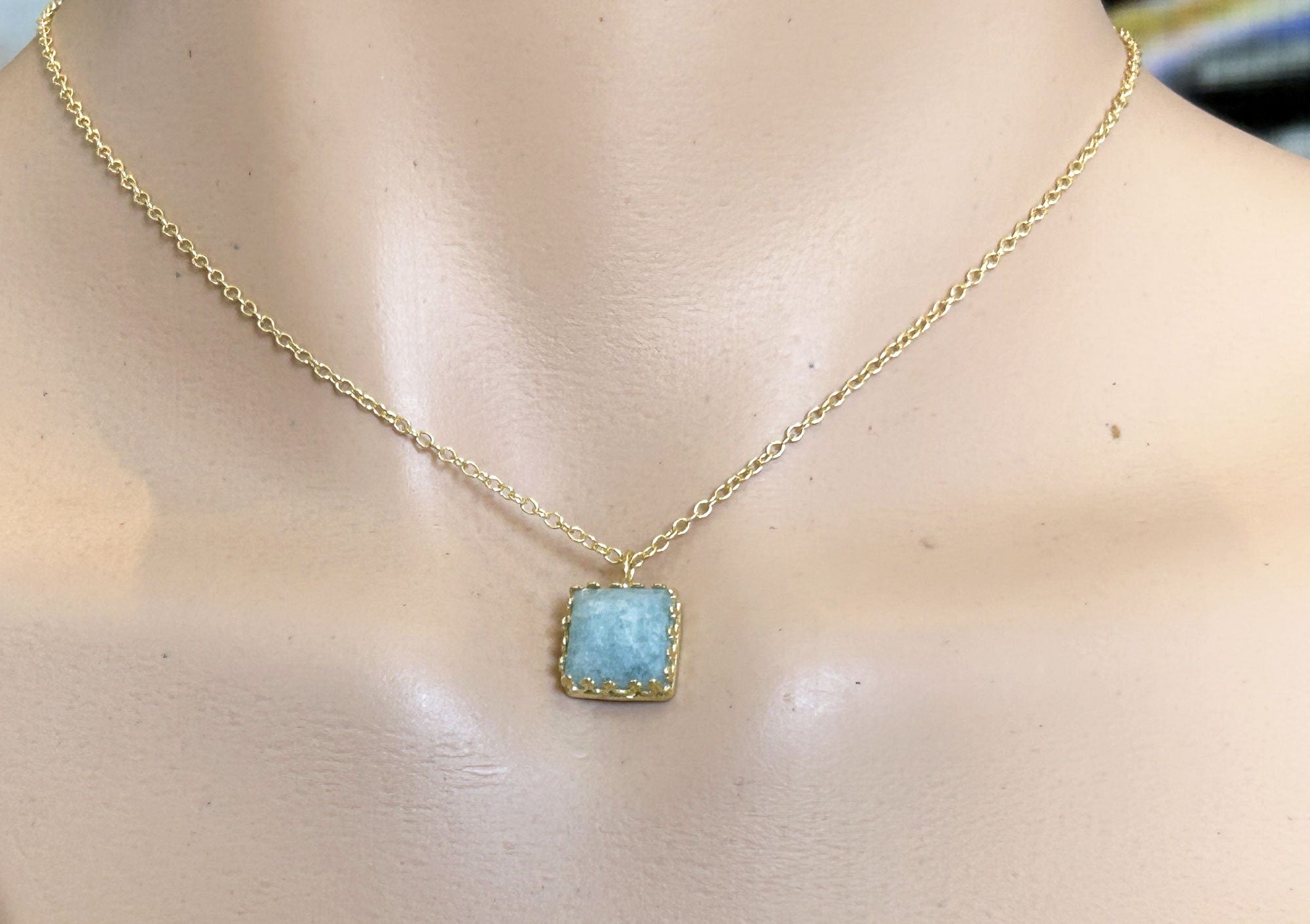 Aquamarine Necklace - March Birthstone - Square Aquamarine Madagascar Necklace on Delicate Chain - H.L.Jewelry