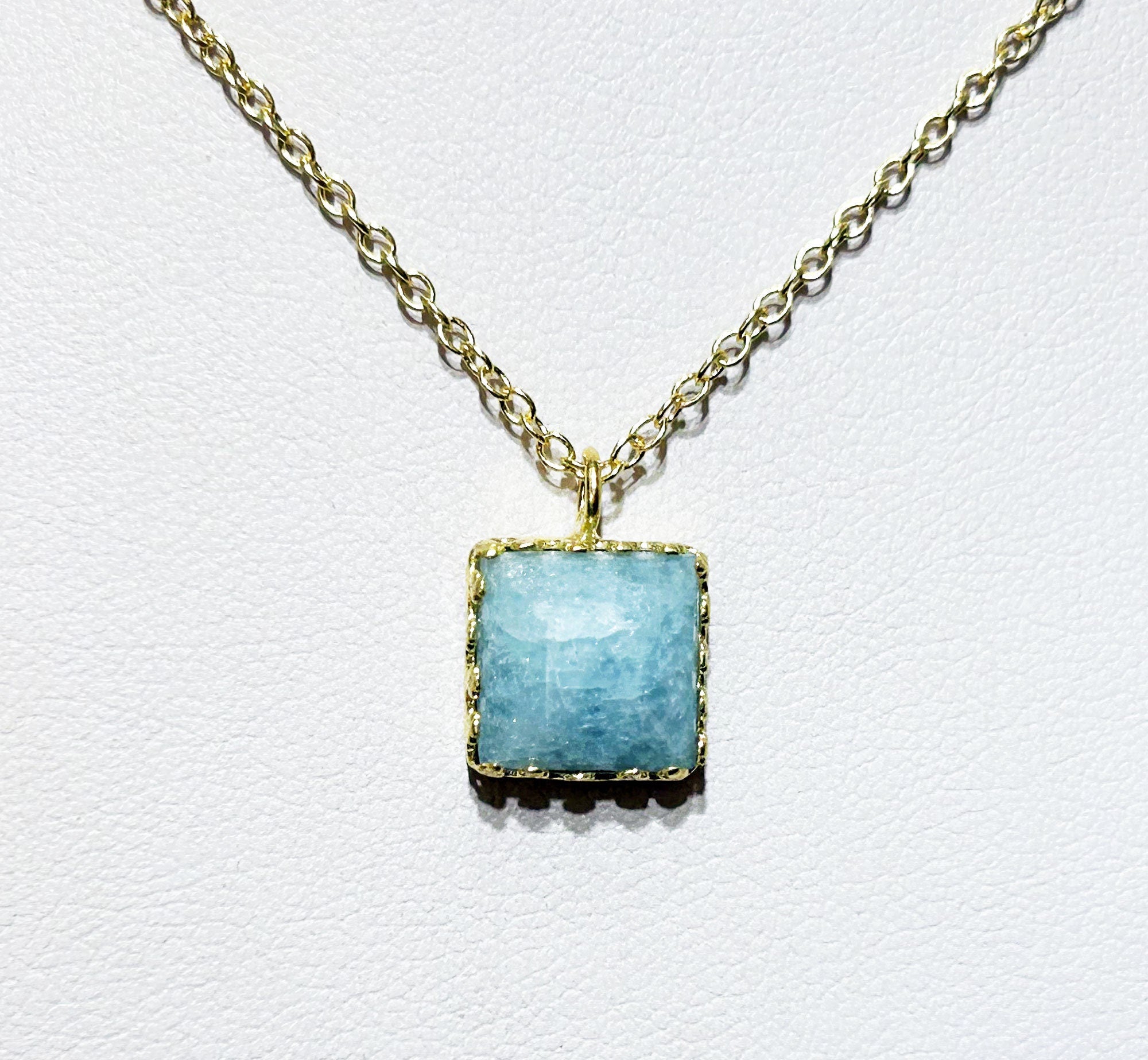 Aquamarine Necklace - March Birthstone - Square Aquamarine Madagascar Necklace on Delicate Chain - H.L.Jewelry