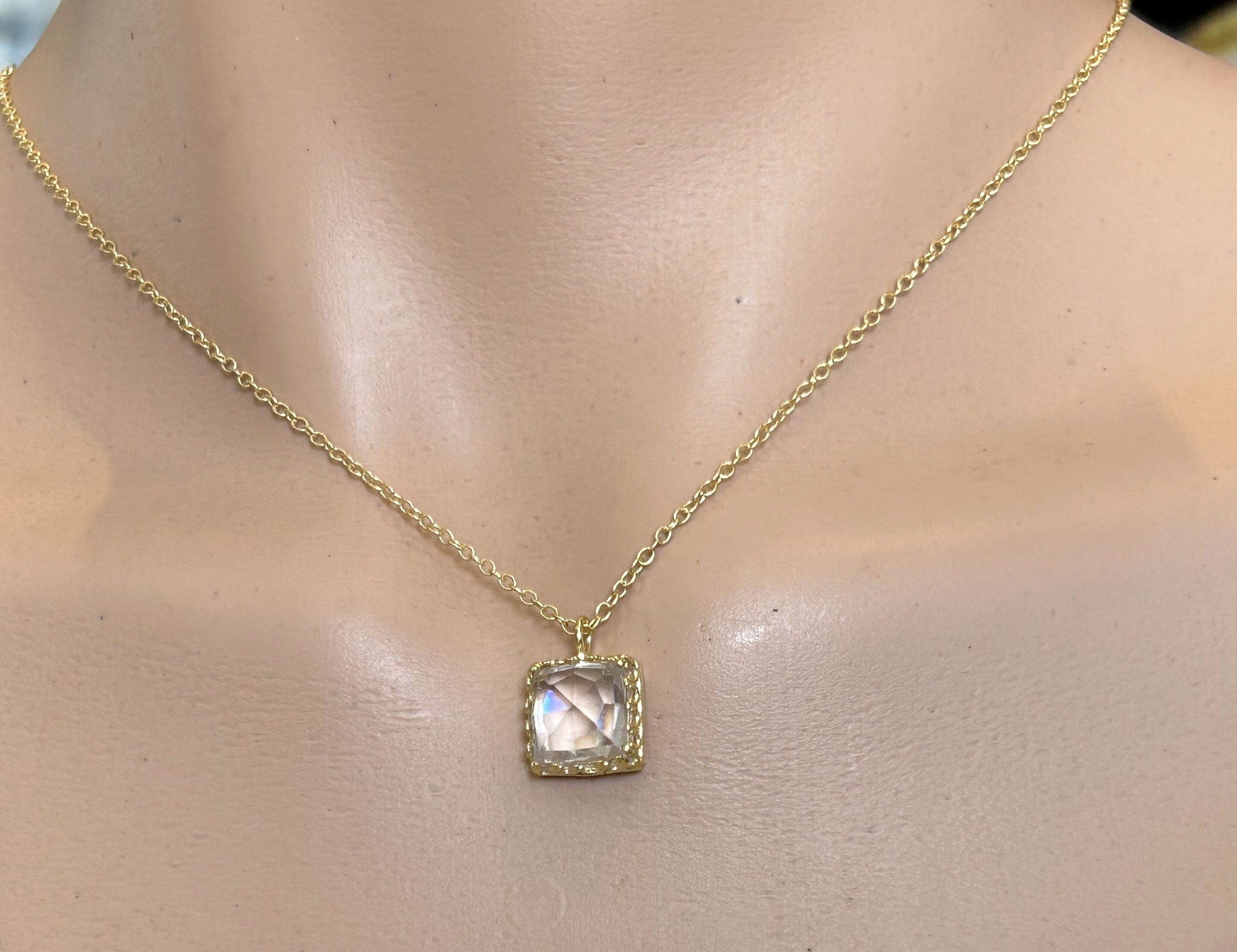 Clear Quartz Necklace - April Birthstone - Square Clear Quartz Gemstone Necklace on Delicate Chain - H.L.Jewelry