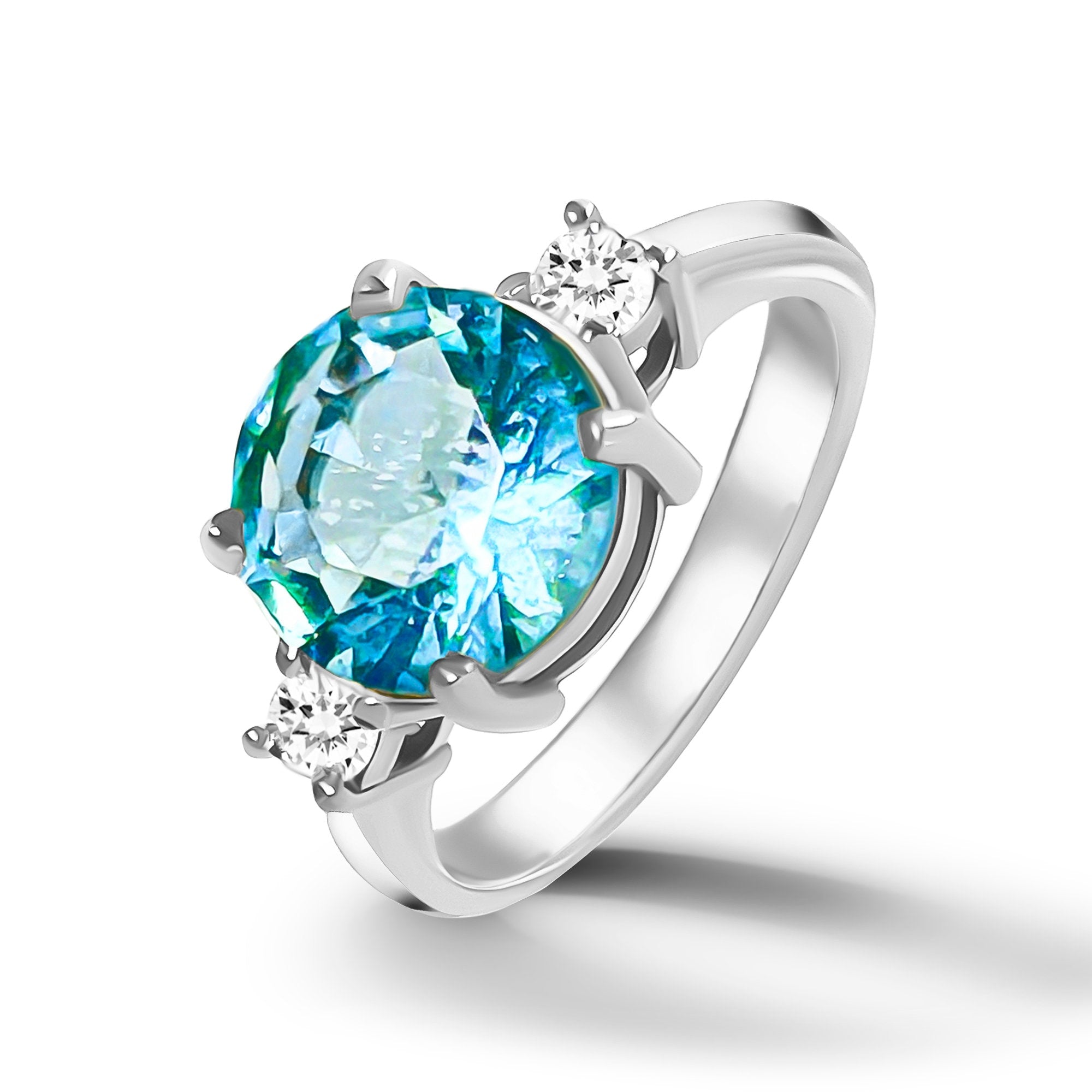 Blue Topaz Ring - December Birthstone - Round Blue Topaz Statement Engagement Ring with Clear Quartz Accents - H.L.Jewelry