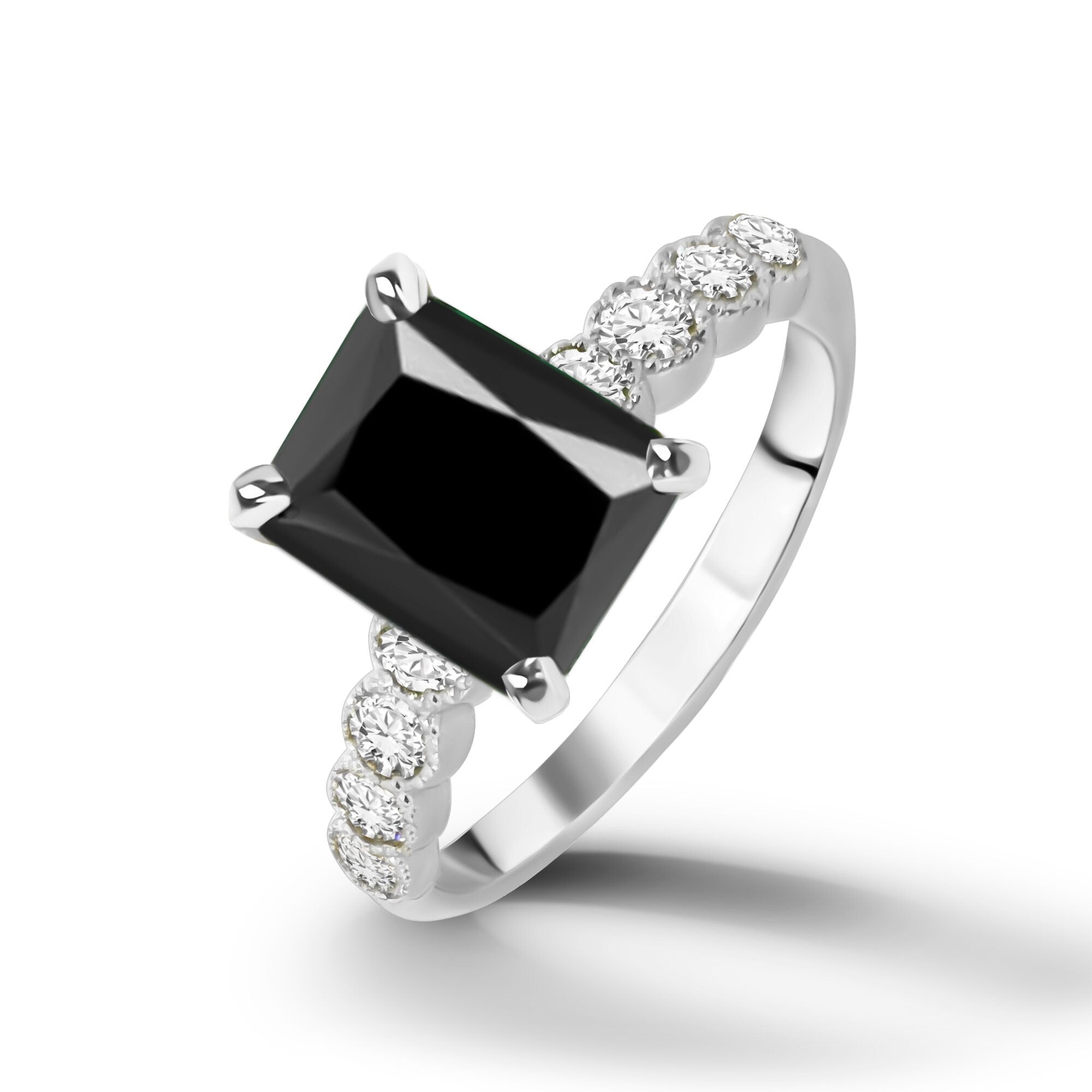 Black Onyx Ring - December Birthstone - Statement Engagement Ring with Octagon Black Onyx and Clear Quartz Accents - H.L.Jewelry