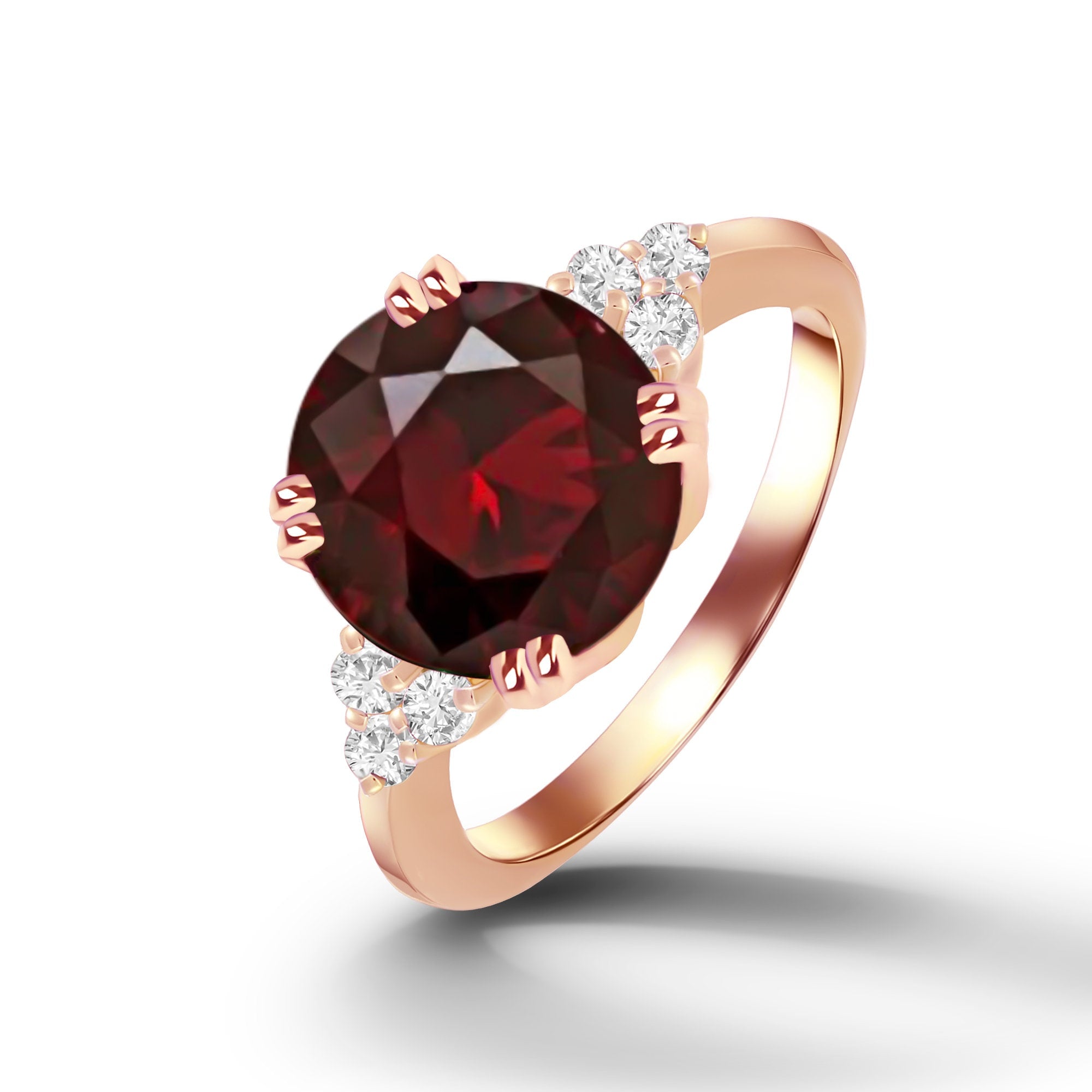 Red Garnet Ring - January Birthstone - Round Red Garnet Gemstone Statement Engagement Ring - H.L.Jewelry