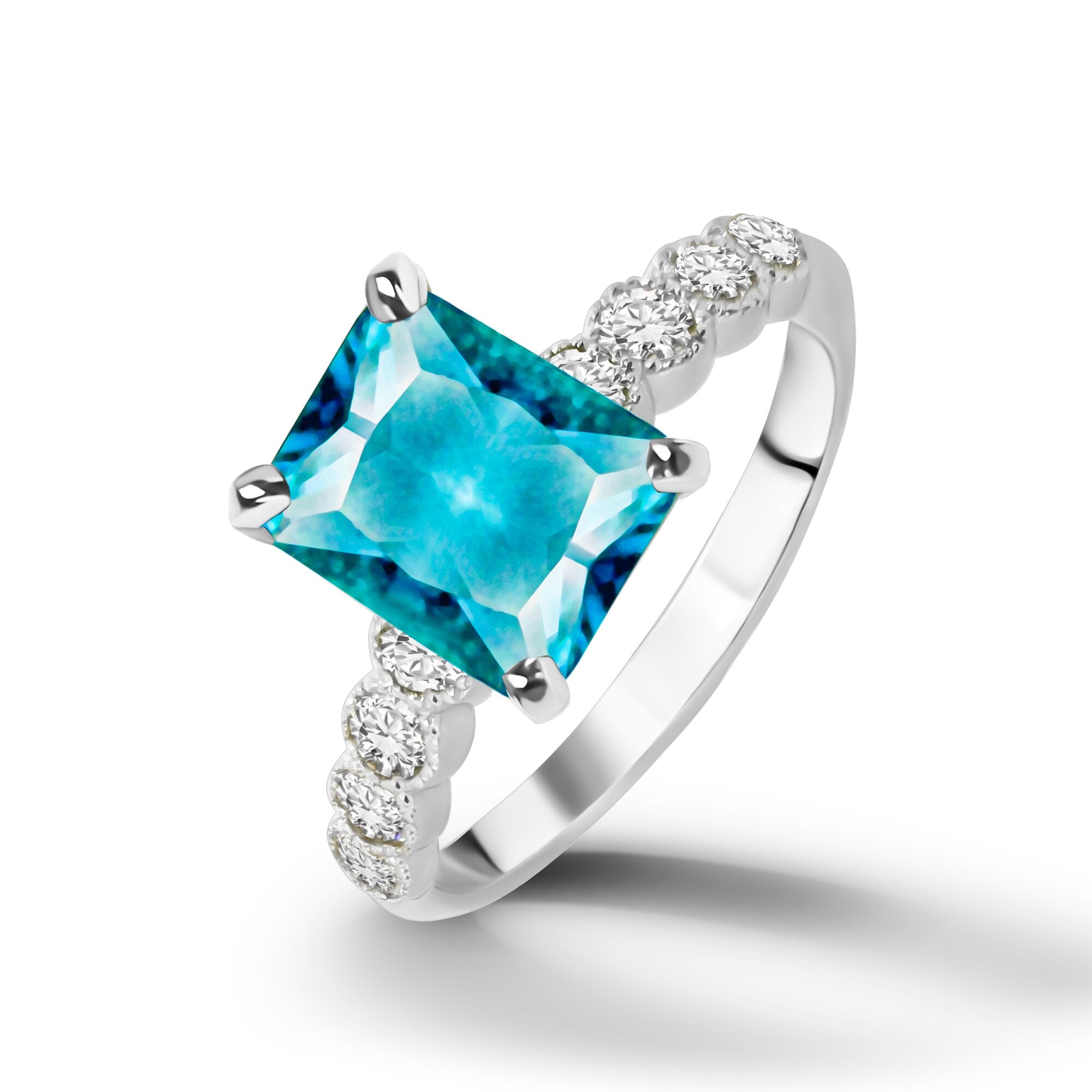 Blue Topaz Ring - December Birthstone - Octagon Blue Topaz Statement Engagement Ring with Clear Quartz Accents - H.L.Jewelry