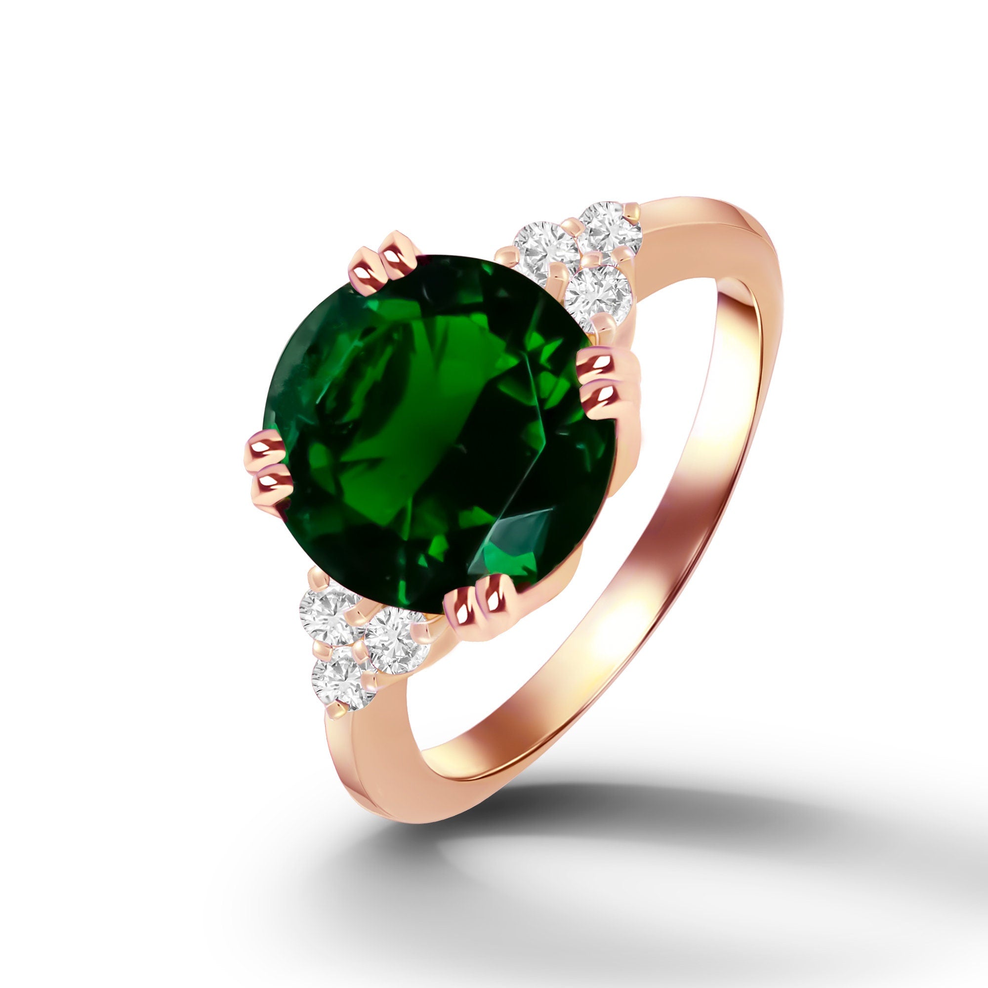 Emerald Ring - May Birthstone - Statement Engagement Ring with Round Emerald Gemstone and Clear Quartz Accents - H.L.Jewelry