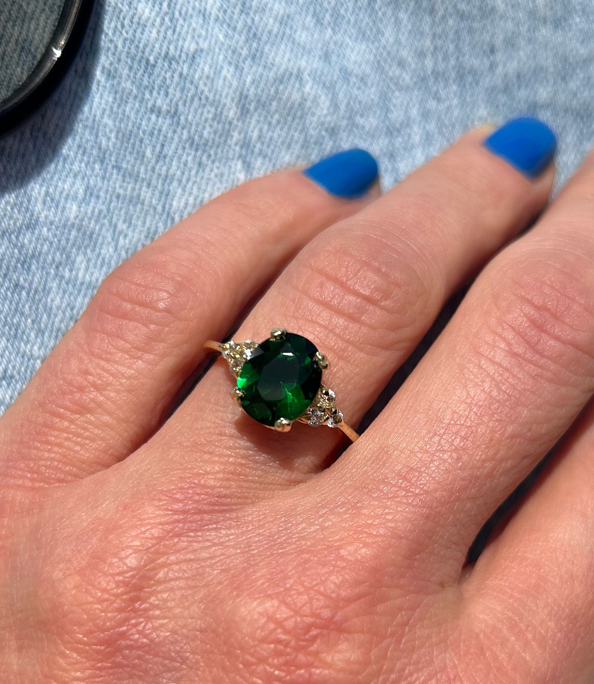 Emerald Ring - May Birthstone - Statement Engagement Ring with Oval Emerald Gemstone and Clear Quartz Accents - H.L.Jewelry