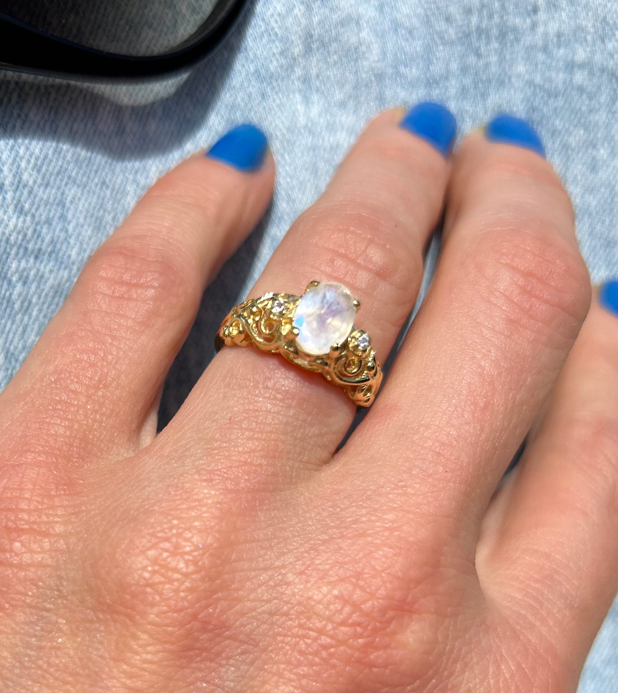 Rainbow Moonstone Ring - June Birthstone - Oval Rainbow Moonstone Lace Ring with Clear Quartz Accents - H.L.Jewelry