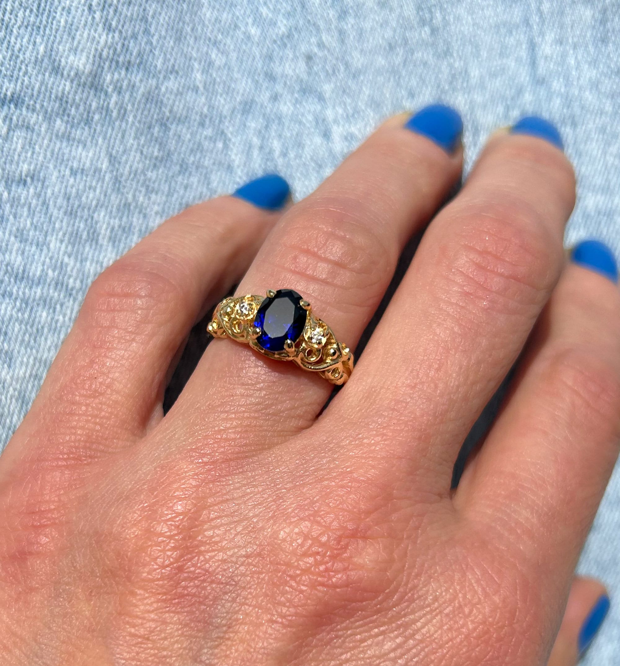 Blue Sapphire Ring - September Birthstone - Oval Blue Sapphire Gemstone Lace Ring with Clear Quartz Accents - H.L.Jewelry