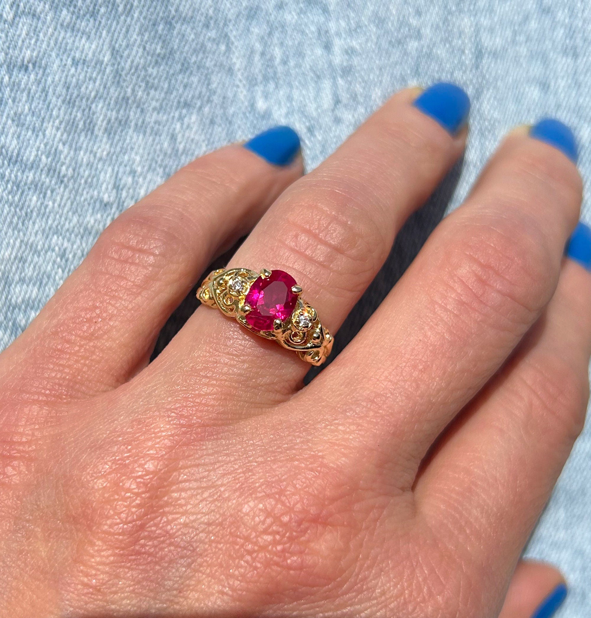 Ruby Ring - July Birthstone - Oval Ruby Gemstone Lace Ring with Clear Quartz Accents - H.L.Jewelry