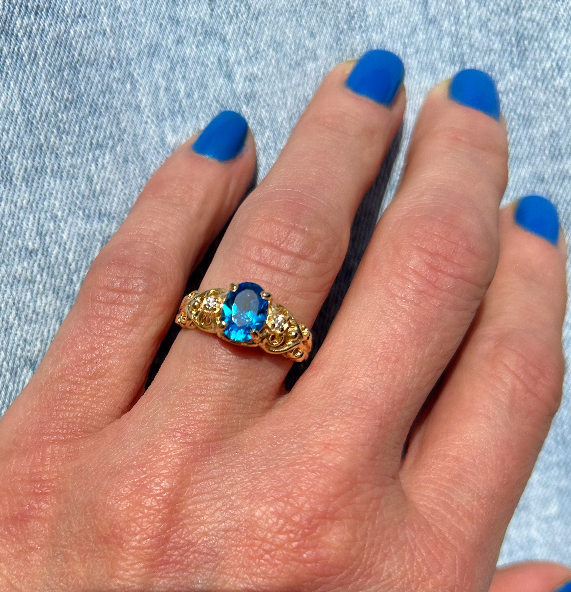 Blue Topaz Ring - December Birthstone - Lace Ring with Oval Blue Topaz Gemstone and Clear Quartz Accents - H.L.Jewelry