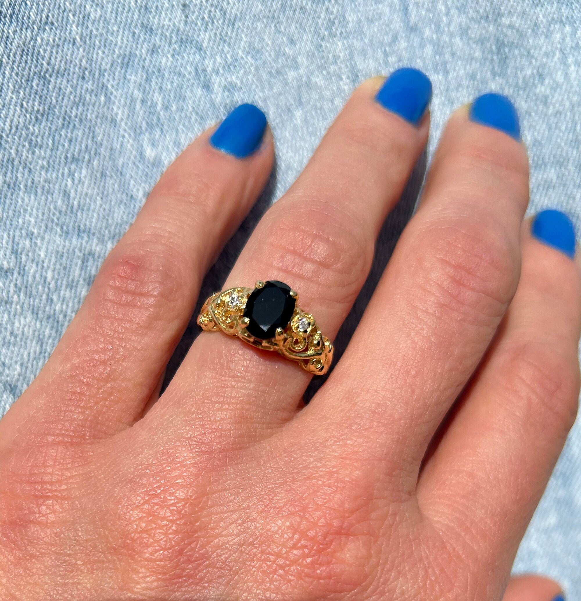 Black Onyx Ring - December Birthstone - Lace Ring with Oval Black Onyx Stone and Clear Quartz Accents - H.L.Jewelry