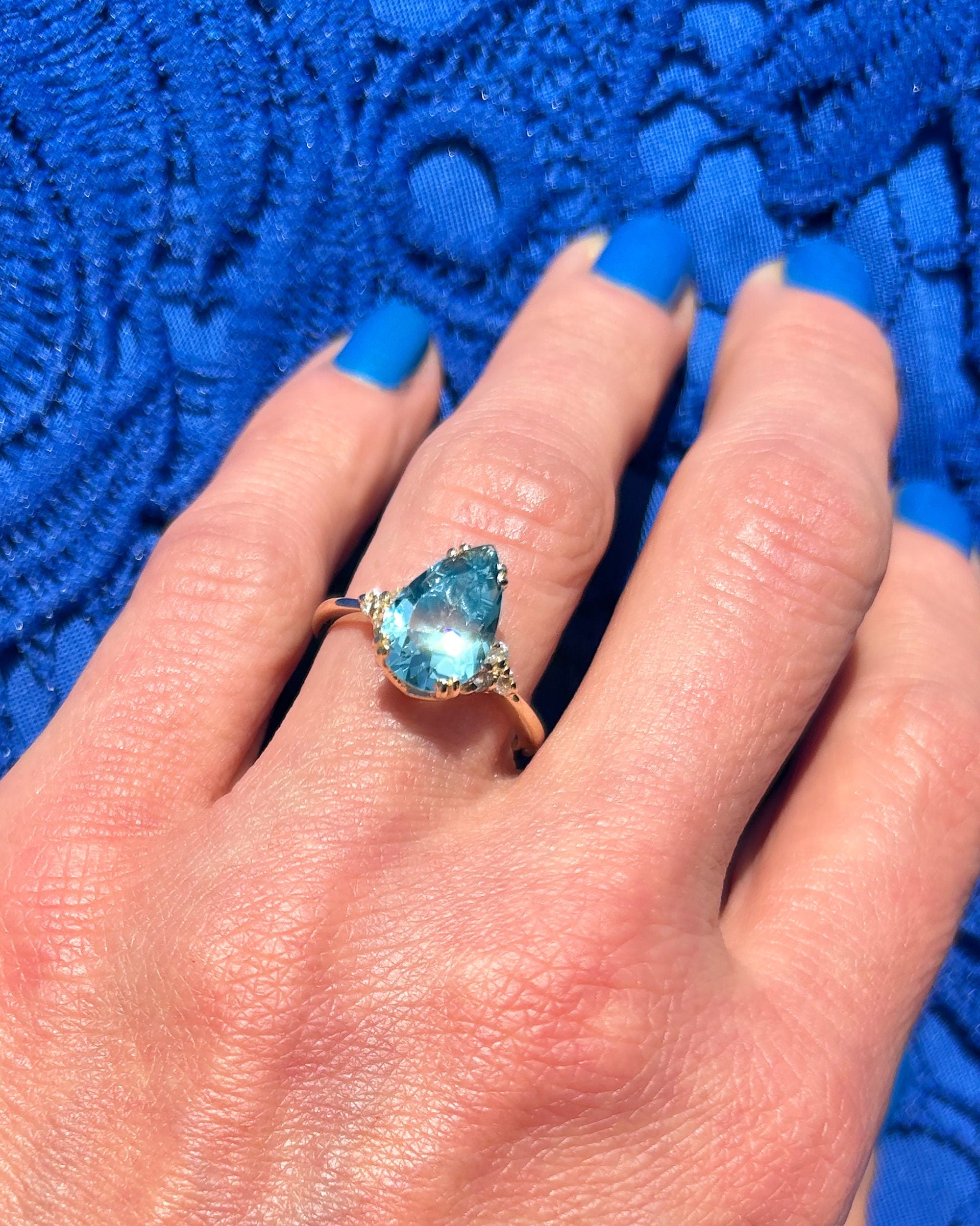 Blue Topaz Ring - December Birthstone - Pear-Shaped Blue Topaz Gemstone Statement Engagement Ring with Clear Quartz Accents - H.L.Jewelry