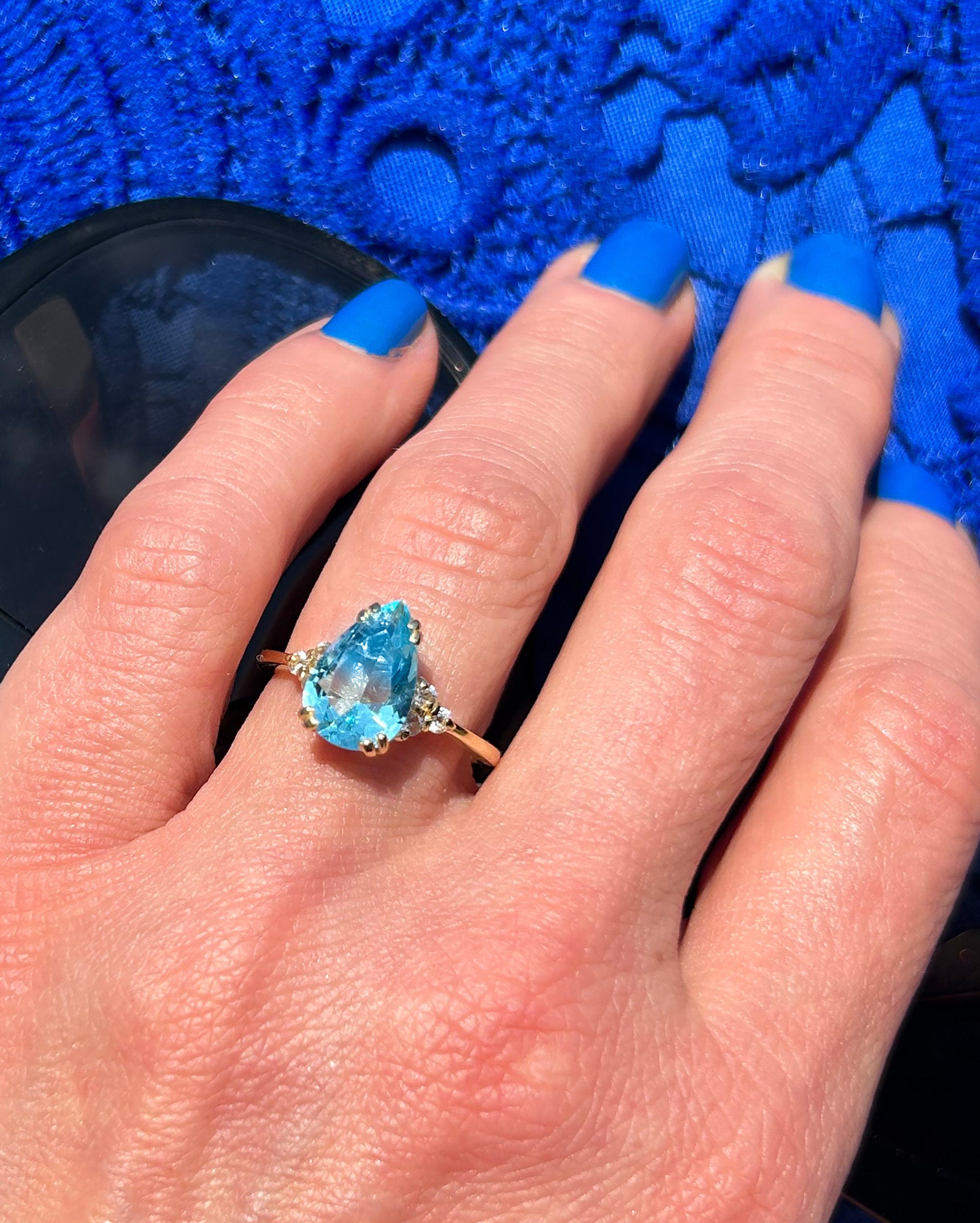 Aquamarine Ring - March Birthstone - Pear-Shaped Aquamarine Gemstone Statement Engagement Ring and Clear Quartz Accents - H.L.Jewelry